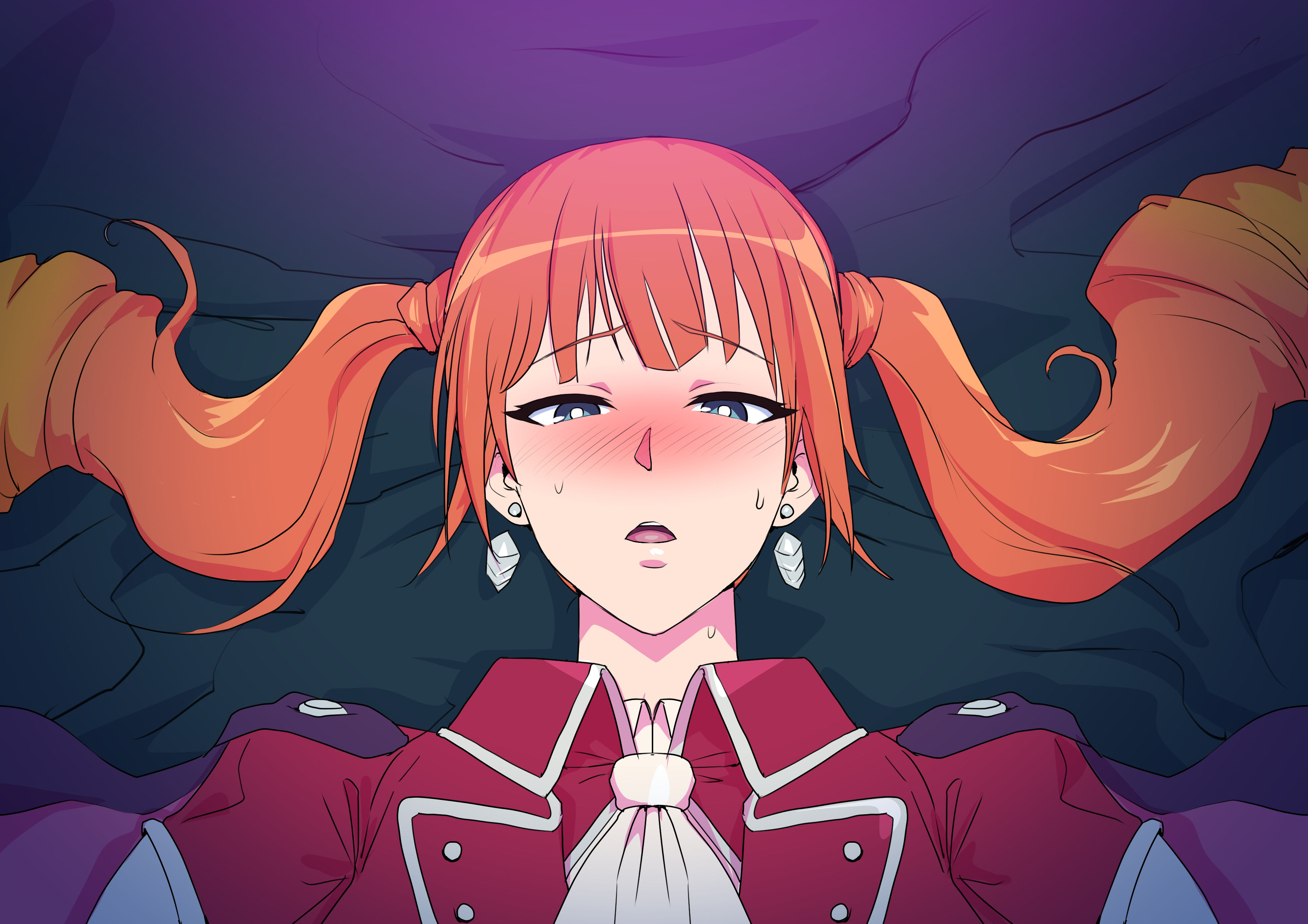 1girls, bed, blue eyes, blush, earrings, female, highres, kisuu, looking at viewer, on back, orange hair, solo, solo focus, sweat, textless, tsuujou kougeki ga zentai kougeki de ni-kai kougeki no okaasan wa suki desu ka?, wise (okaasan online)
