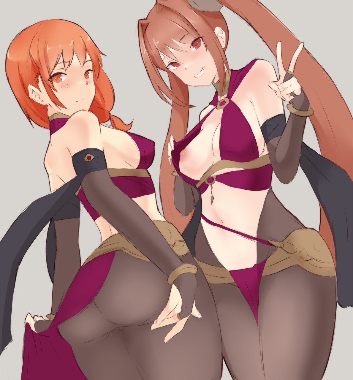 2girls alternate_costume ass bare_midriff big_ass breasts breasts_out clothes_lift cosplay covered_nipples crossover dancer dorothea_arnault_(cosplay) dorothea_arnault_(plegian)_(cosplay) eiyuu_densetsu estelle_bright female female_only fire_emblem fire_emblem:_three_houses fire_emblem_heroes flashing leonie_pinelli lifted_by_self light-skinned_female long_hair looking_at_viewer looking_back medium_breasts medium_hair multiple_girls nintendo nipples one_breast_out orange_eyes orange_hair pale-skinned_female pale_skin pantyhose pelvic_curtain plegian presenting presenting_hindquarters red_eyes ryumi-gin side_ponytail small_breasts smile sora_no_kiseki trails_of_cold_steel twintails v very_long_hair