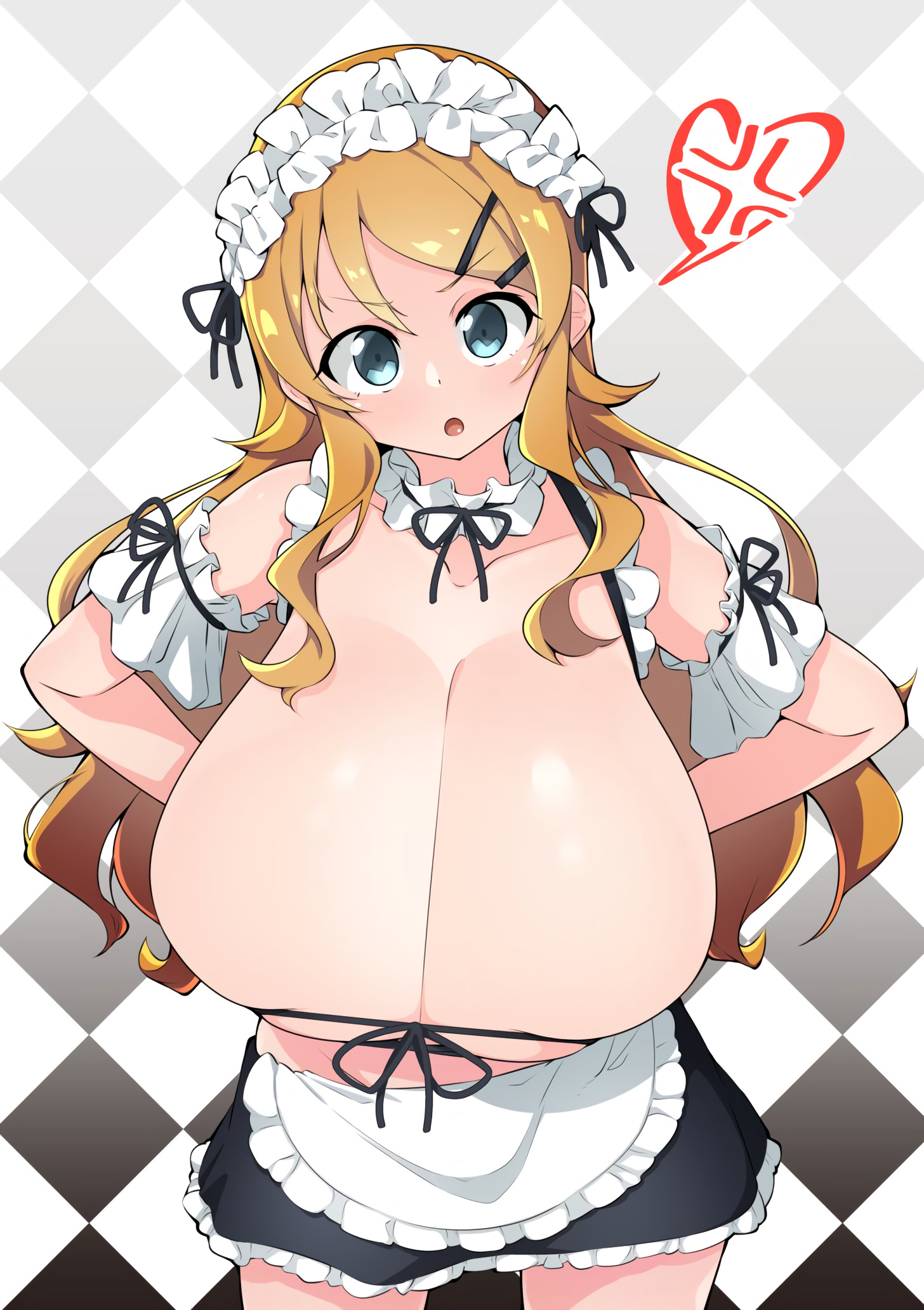 alternate breast size, anger vein, apron, aqua eyes, blush, breasts, checkered background, cleavage, detached sleeves, female, gigantic breasts, hair ornament, hairclip, hand on hip, kousaka kirino, long hair, maid, maid apron, maid headdress, open mouth, orange hair, ore no imouto ga konna ni kawaii wake ga nai, skirt, solo, toudori