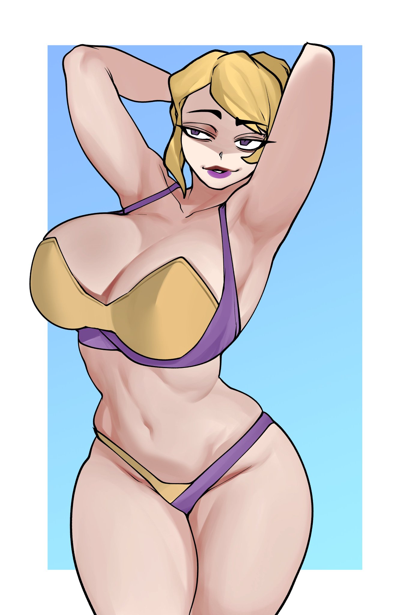 1girls, big breasts, bikini, blonde female, blonde hair, blue background, border, breasts, brothbowl, cowboy shot, female, female only, gameoverse, glitch productions, grin, hi res, large breasts, light blue background, looking at viewer, miss information (gameoverse), parted lips, simple background, smile, solo, teeth, white background