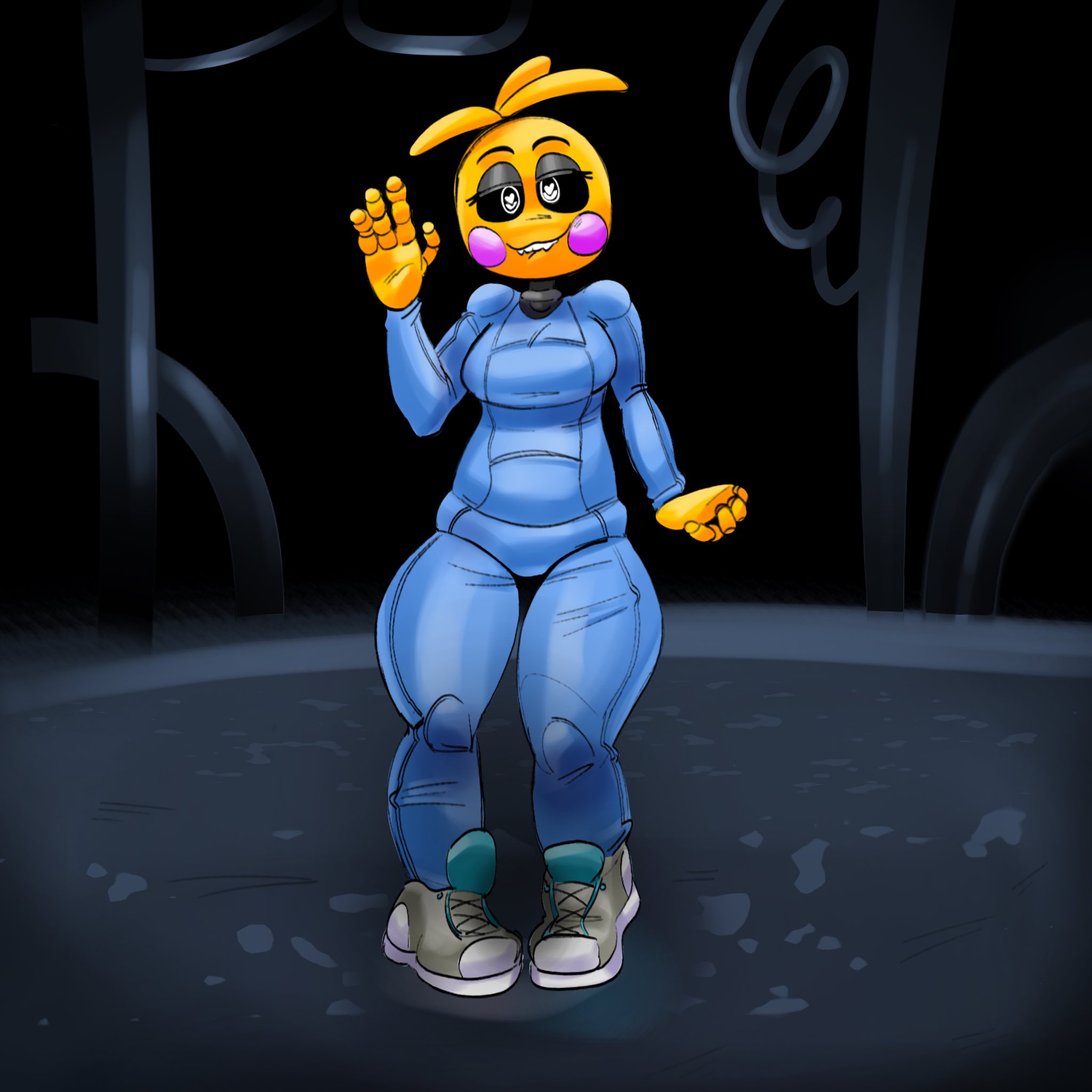 1girls, animatronic, biting lip, chicken, crossover, crossover cosplay, female, five nights at freddy's, five nights at freddy's 2, klomb0, metroid, robot, samus aran (cosplay), solo, toy chica (fnaf), toy chica (love taste), waving