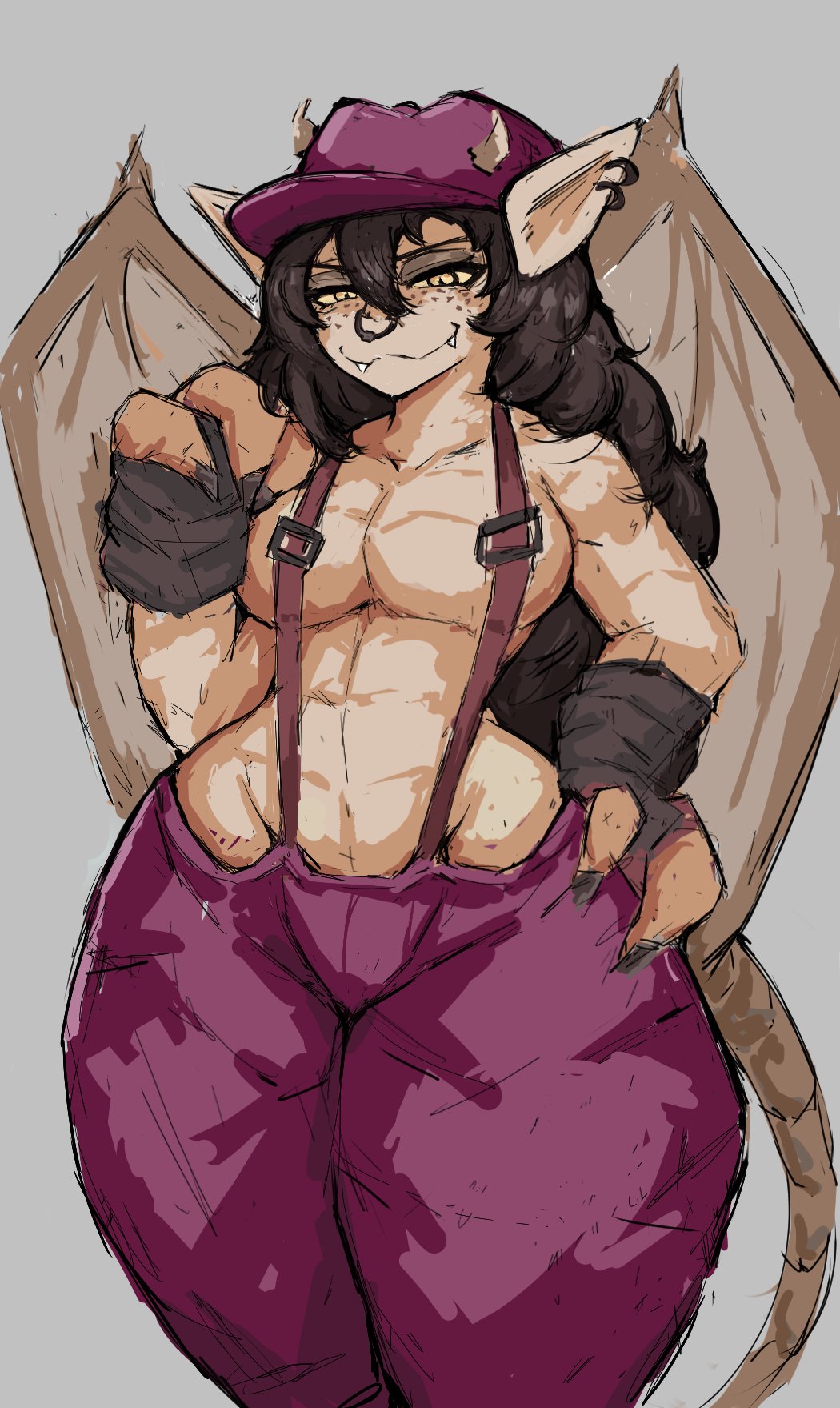 black hair, breasts, deadlock, fangs, freckles, gloves, hand on hip, headgear, horns, ivy (deadlock), littleteze, long hair, looking at viewer, no nipples, pants, piercing, pointy ears, slim waist, smile, suspenders, tagme, tail, thick thighs, wide hips, wings, yellow eyes, yellow sclera