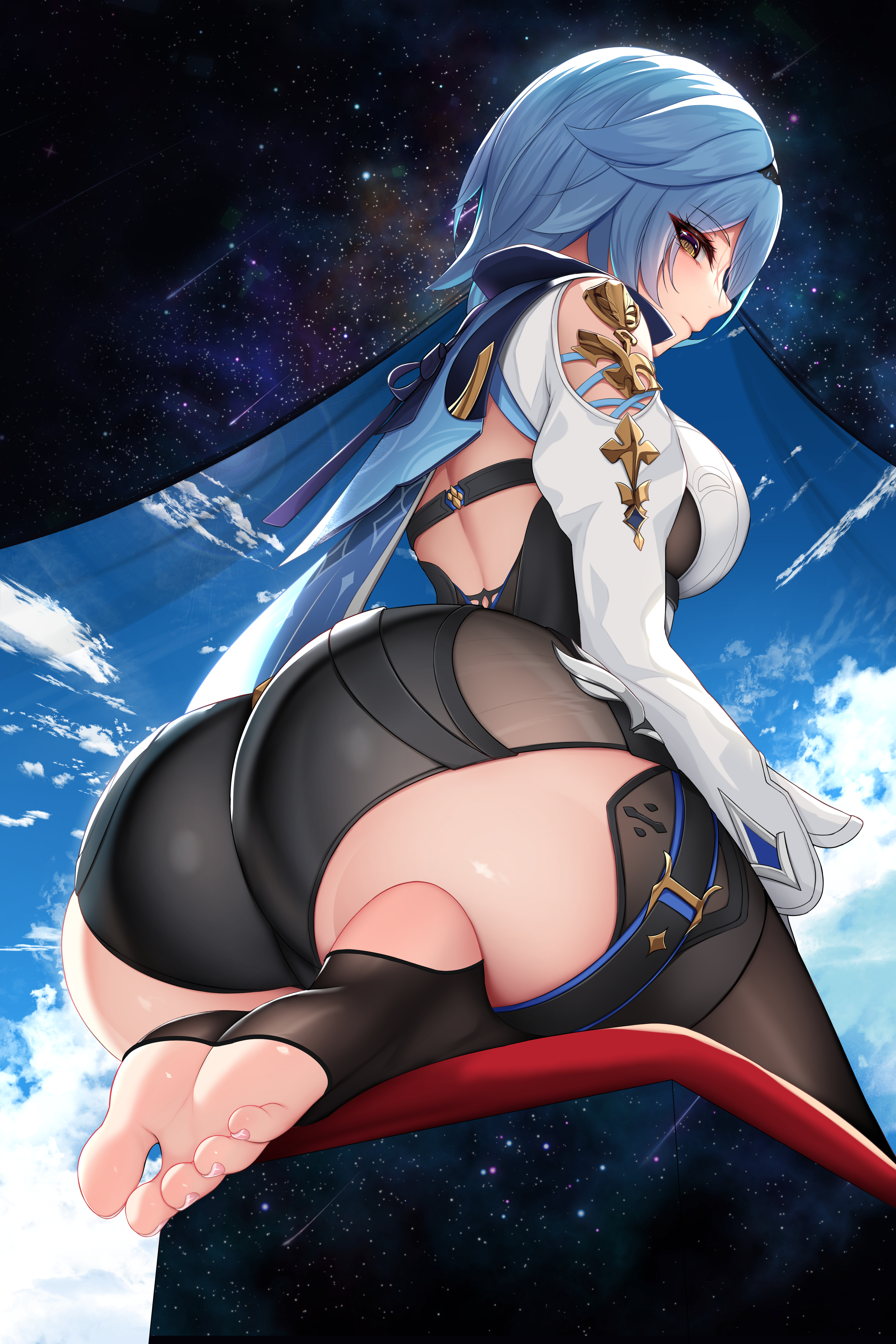 1girls, 2022, absurd res, alternate version available, arched back, ass, ass cheeks, ass focus, back, back view, big ass, big breasts, big butt, blue hair, blush, bodysuit, breasts, butt focus, cloud, damao yu, detailed background, eula (genshin impact), feet, feet in stockings, female, foot fetish, genshin impact, hi res, highres, huge ass, huge breasts, huge butt, kneeling, large ass, large breasts, looking at viewer, looking back, looking down, on knees, shiny skin, short hair, sideboob, sky, soles, solo, starry sky, stirrup legwear, stockings, thick, thick ass, thick thighs, thigh strap, thighs, tight clothing, toes, very high resolution, yellow eyes