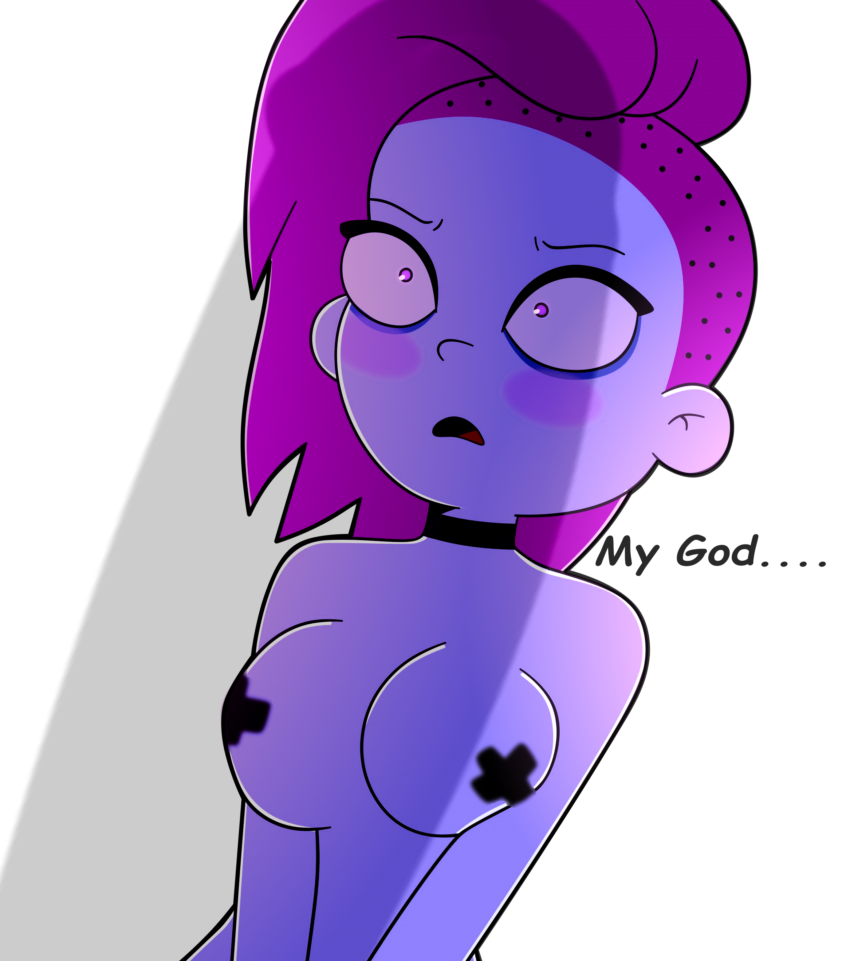 artist request, ash graven, blush, breasts, choker, female, final space, goth, grey skin, male, nervous, nipple tape, penis, penis awe, penis shadow, pink eyes, pink hair, surprised, text, undercut, white background