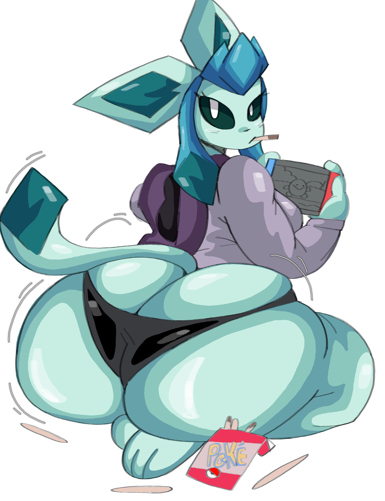 anthro, anthrofied, ass, ass cleavage, ass crack, big ass, big breasts, breasts, butt crack, clothed, clothing, dork boi, eeveelution, female, fur, furry, furry only, glaceon, huge ass, lewd dorky, looking back, nintendo, pokémon (species), pokemon, pokemon (species), tagme, tail, thick thighs