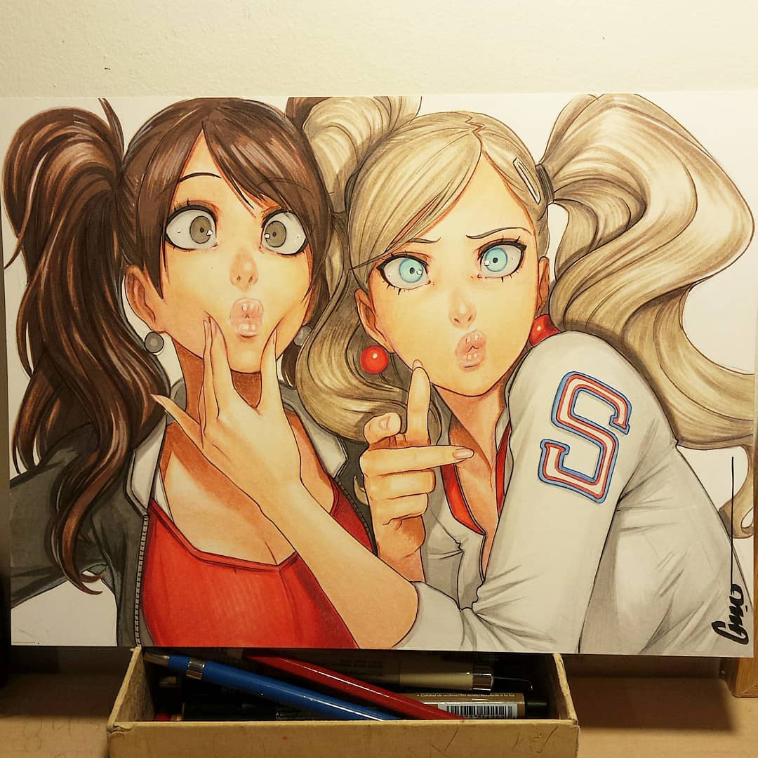 ann takamaki, ann takamaki (strikers casual), big lips, blonde hair, blue eyes, brown eyes, brown hair, drawing, kujikawa rise, looking at viewer, omar dogan, omar dogan (style), pencil (artwork), persona, persona 4, persona 5, pucker, puckered, puckered lips, rise kujikawa, traditional art, traditional drawing (artwork), traditional media, traditional media (artwork)