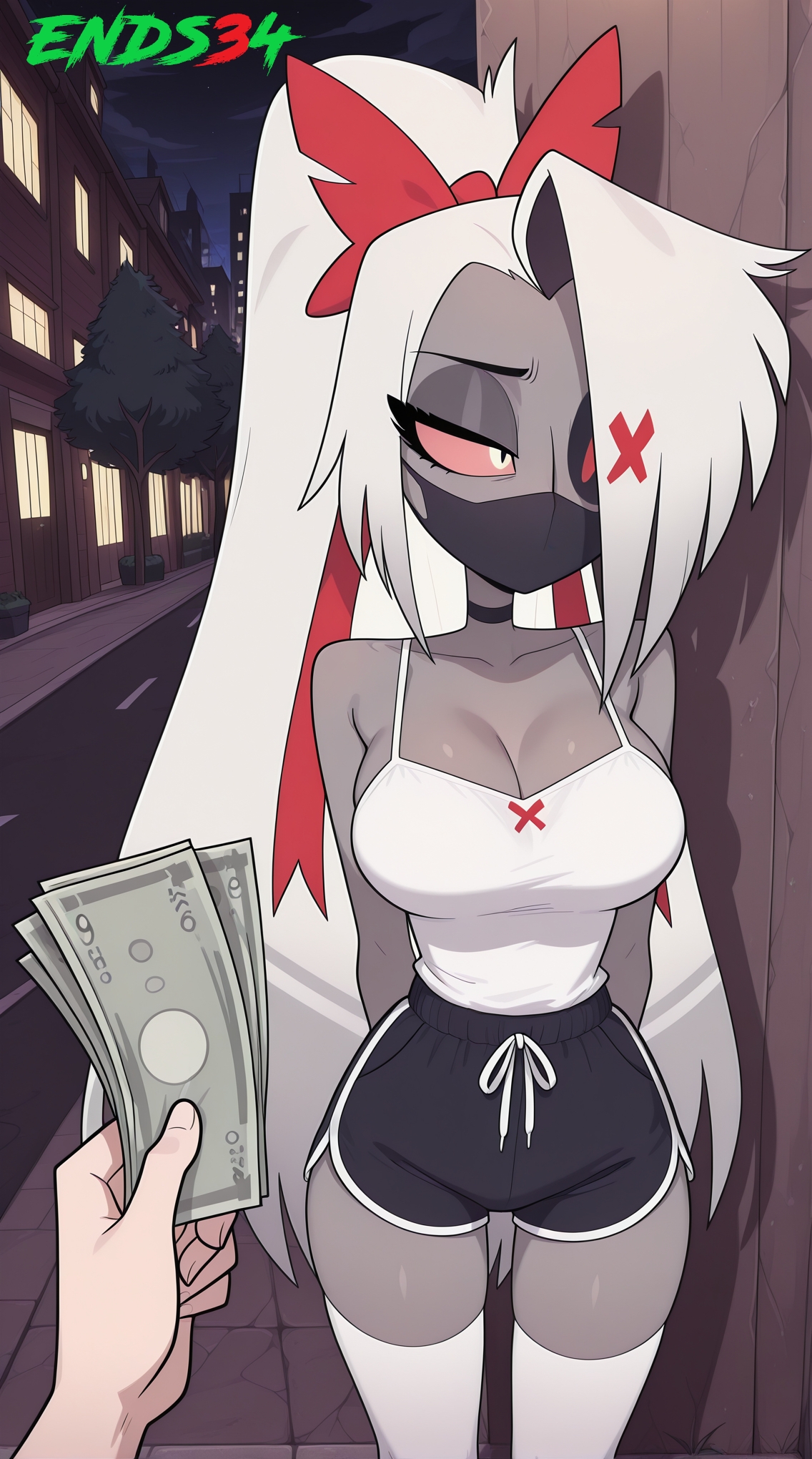 2026, ai generated, big breasts, dolphin shorts, ends34, facemask, female, female focus, hazbin hotel, looking away, money, prostitution, standing, stockings, vaggie (hazbin hotel)