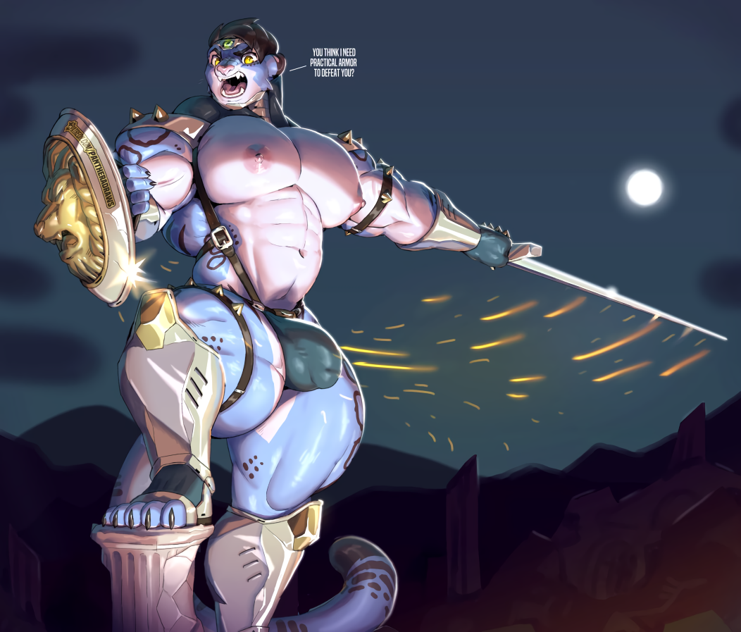 abs anthro black_hair blue_skin bulge furry male male_only manboobs muscles muscular muscular_male muscular_thighs navel nipples pan_(sxfpantera) pantheradraws pecs shield solo sword sxfpantera tail thick_thighs weapon yellow_eyes