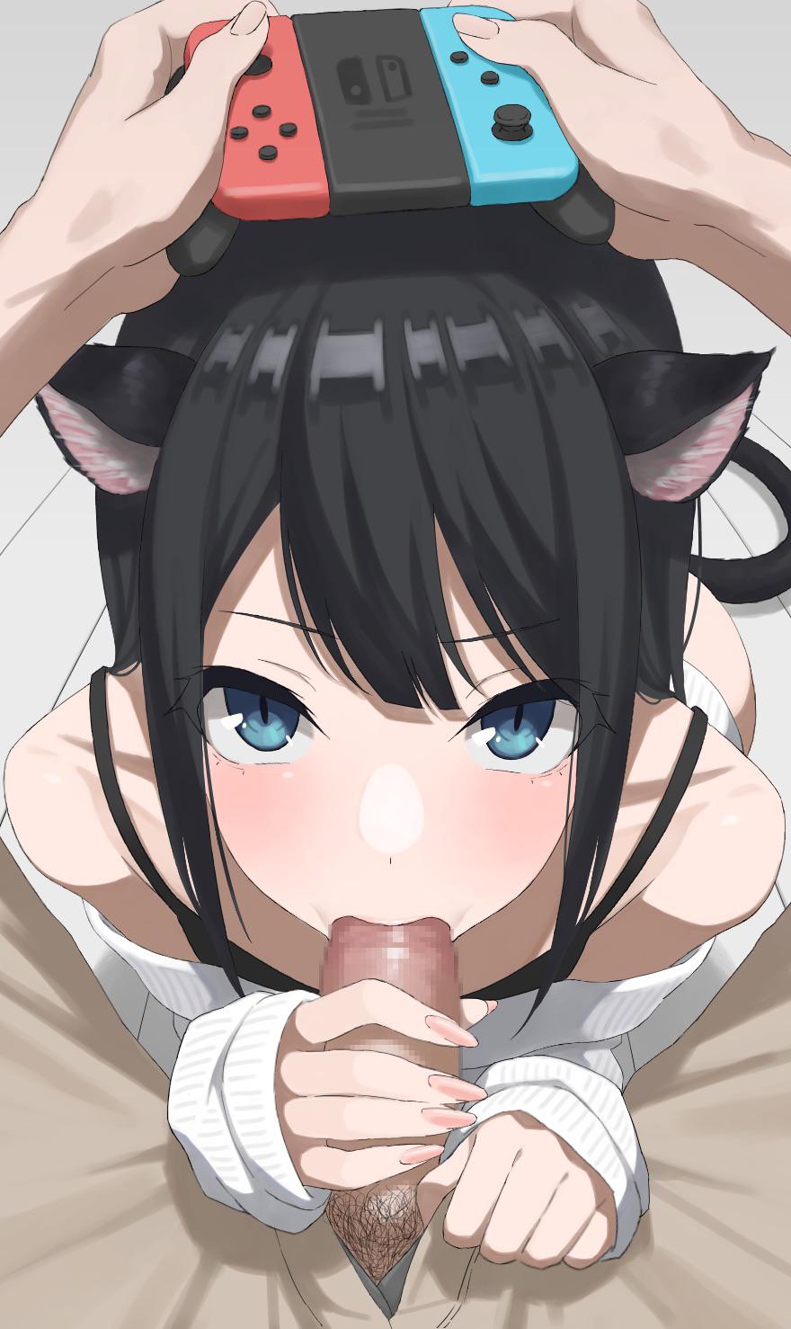 1boy, animal ears, bangs, black hair, blowjob, blue eyes, cat ears, cat girl, cat tail, censored, erection, fellatio, female, fingernails, grey background, highres, kaminari doon, long fingernails, long hair, looking at viewer, male, mosaic censoring, off shoulder, off-shoulder sweater, oral, original, penis, penis grab, pov, pov hands, sleeves past wrists, small penis, small penis adoration, solo focus, straight, sweater, tail, white sweater
