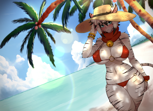 beach big_hat bikini blue_eyes blush born_of_itheriont breasts cat_ears cat_humanoid cat_tail catgirl digital_media embarrassed feline feline_humanoid female female_focus female_only hair hat humanoid kawa-v looking_at_viewer miia_disain monster_girl not_furry outside short_hair swimsuit tagme tiger tiger_ears tiger_girl tiger_humanoid tiger_print tiger_stripes tropical tropical_setting water white_fur white_hair white_tiger