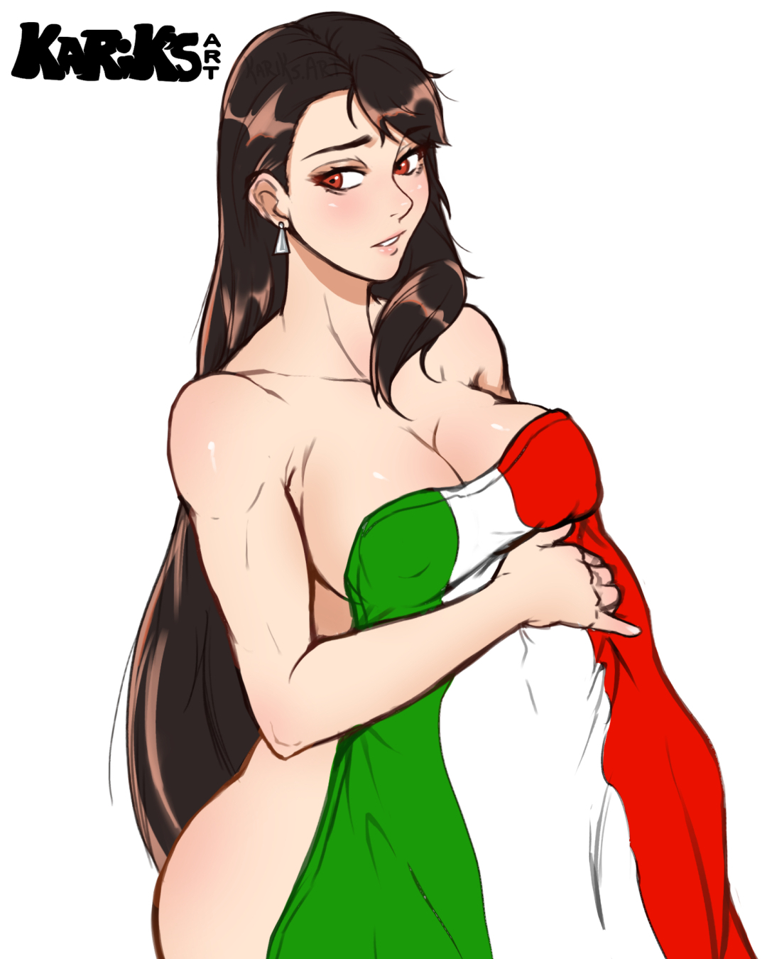 1girls, alternate version available, big breasts, breasts, brown hair, curvy, earrings, female, female focus, female only, final fantasy, final fantasy vii, flag, hips, human, human only, humanoid, italian flag, italian senate hack, kariksart, large breasts, light skin, light-skinned female, long hair, looking back, meme, nipple bulge, nude, nude female, nudity, red eyes, solo, solo female, square enix, tagme, thick, thick thighs, thighs, tifa lockhart, voluptuous, wide hips