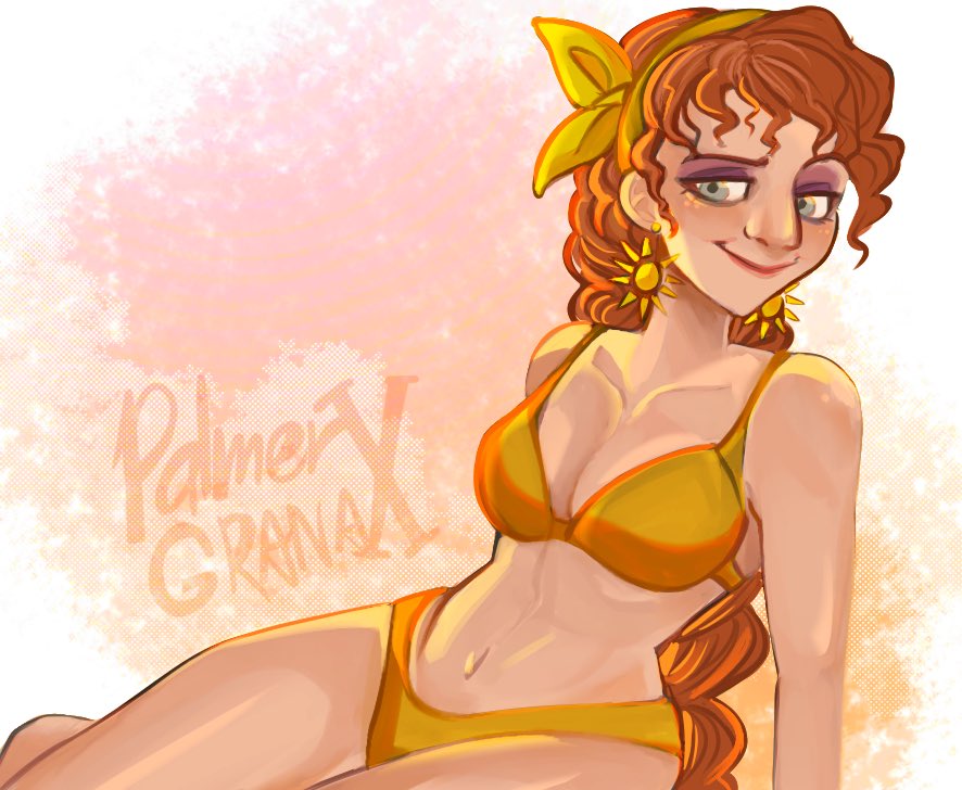 1girls bikini blush cleavage colored disney encanto female female_only green_eyes latina light-skinned_female navel orange_hair palmergranate pepa_madrigal