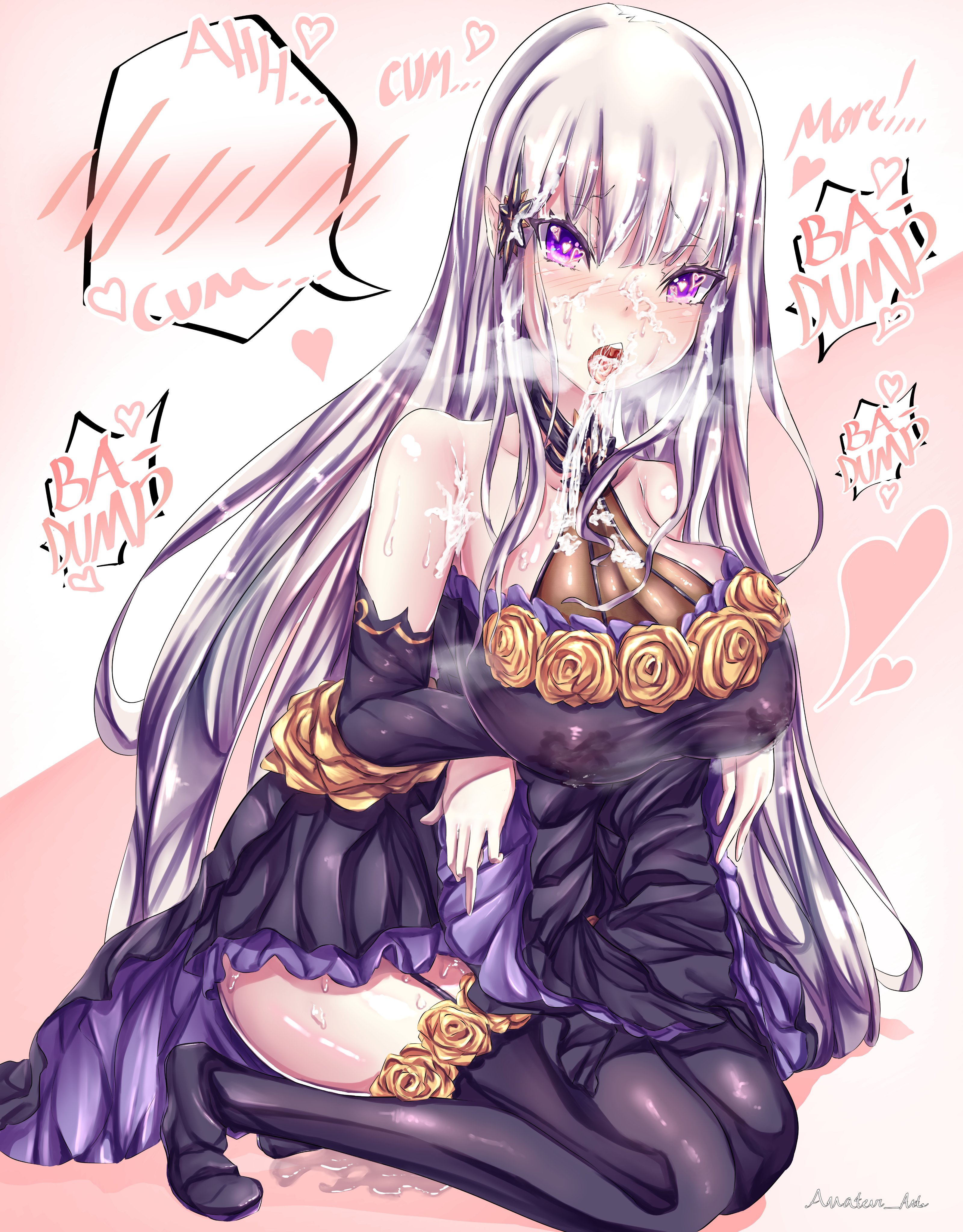 amateur2arts, arms under breasts, bare shoulders, black dress, blush, breasts, bukkake, cum, cum in mouth, cum obsessed, cum on body, cum on breasts, cum on clothes, cum on hair, english text, facial, female, heart, heart-shaped pupils, heavy breathing, lactation, lactation through clothes, large breasts, lovestruck, obsessed, open mouth, purple eyes, pussy, pussy juice, re:zero kara hajimeru isekai seikatsu, satella (re:zero), silver hair, solo, sweat, thighs, tongue, very long hair