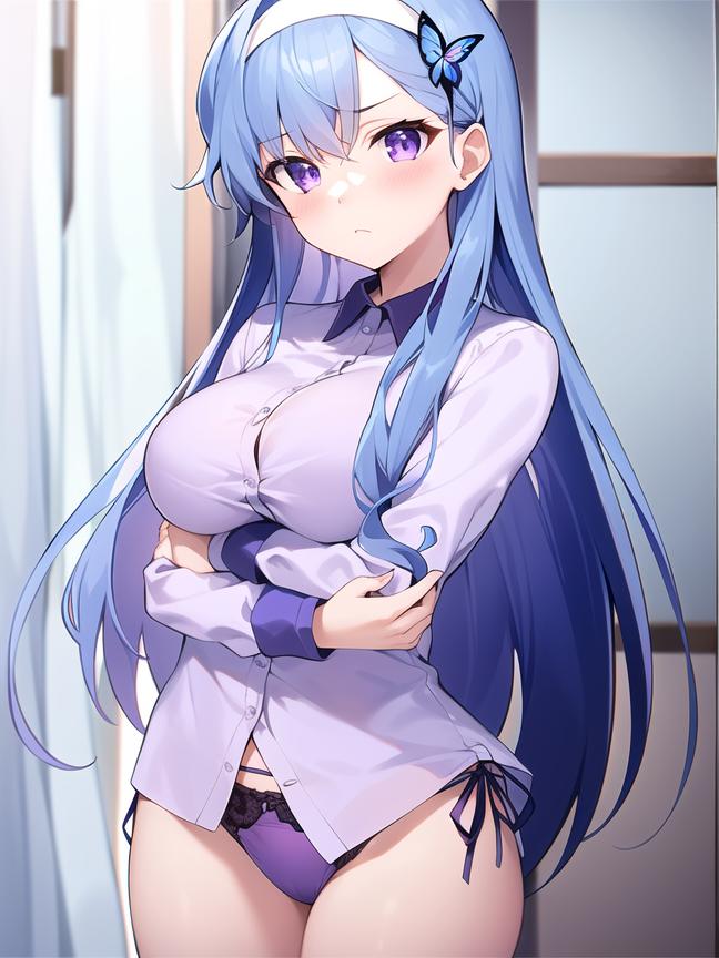 ai_generated angry_face bedroom blue_hair butterfly_hair_ornament buttoned_shirt hentai high_resolution highres imouto_paradise! nai_diffusion nanase_ririna panties purple_eyes shiny_hair shiny_skin skyrimgamer17 stable_diffusion thick_thighs white_hairband wide_hips