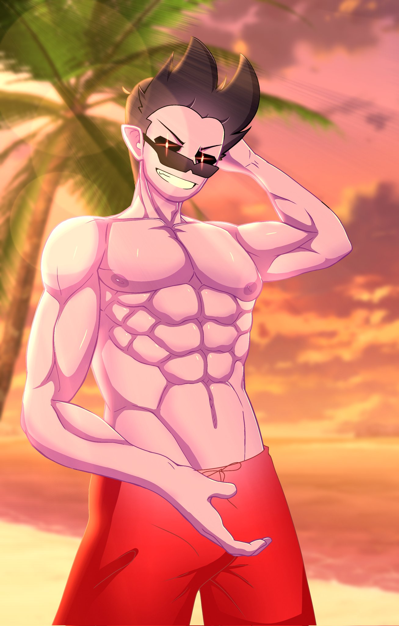 1boy background bara beach beach_brother_(squizzle_dizzle) black_hair demon fnf_mods friday_night_funkin friday_night_funkin_mod grin male_only muscular_male purple_skin short_hair sunglasses zeta_ka