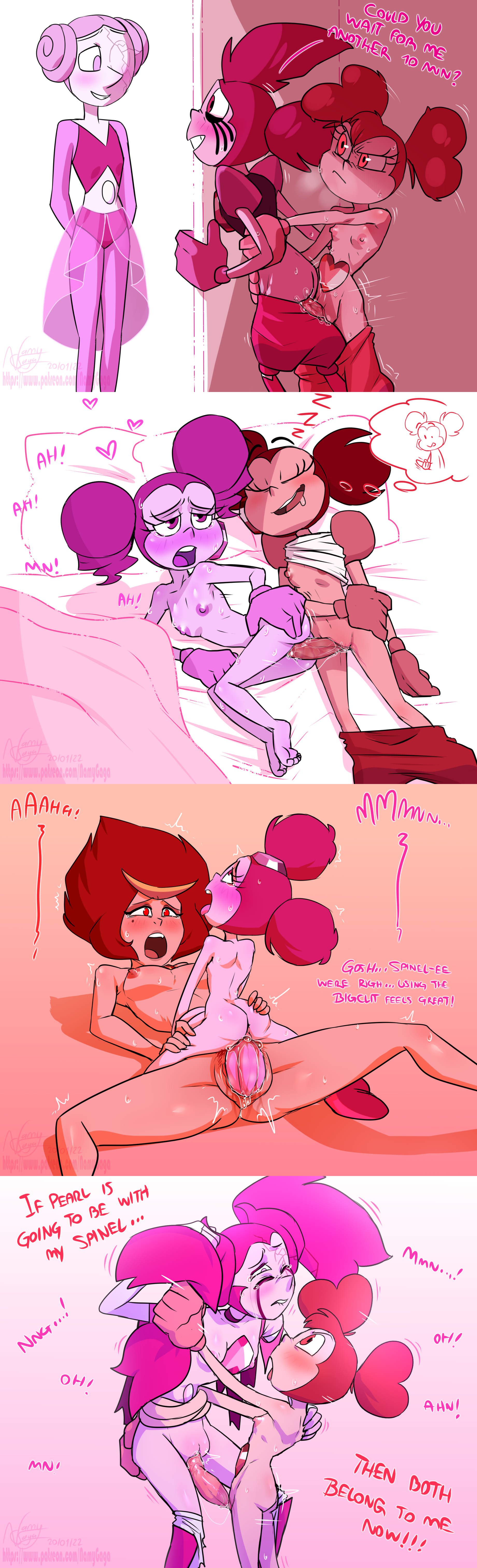 accurate art style, ahe gao, big clitoris, breasts, cartoon network, clitoris, dialogue, female, futa on female, futanari, gem (species), humanoid, intersex, larger futa, namygaga, nipples, nude, pink pearl (steven universe), pussy, pussy juice, sex, size difference, sleep molestation, sleep sex, sleeping, smaller female, spinel (steven universe), spread legs, stealth sex, steven universe, text, vaginal penetration, volleyball (steven universe)