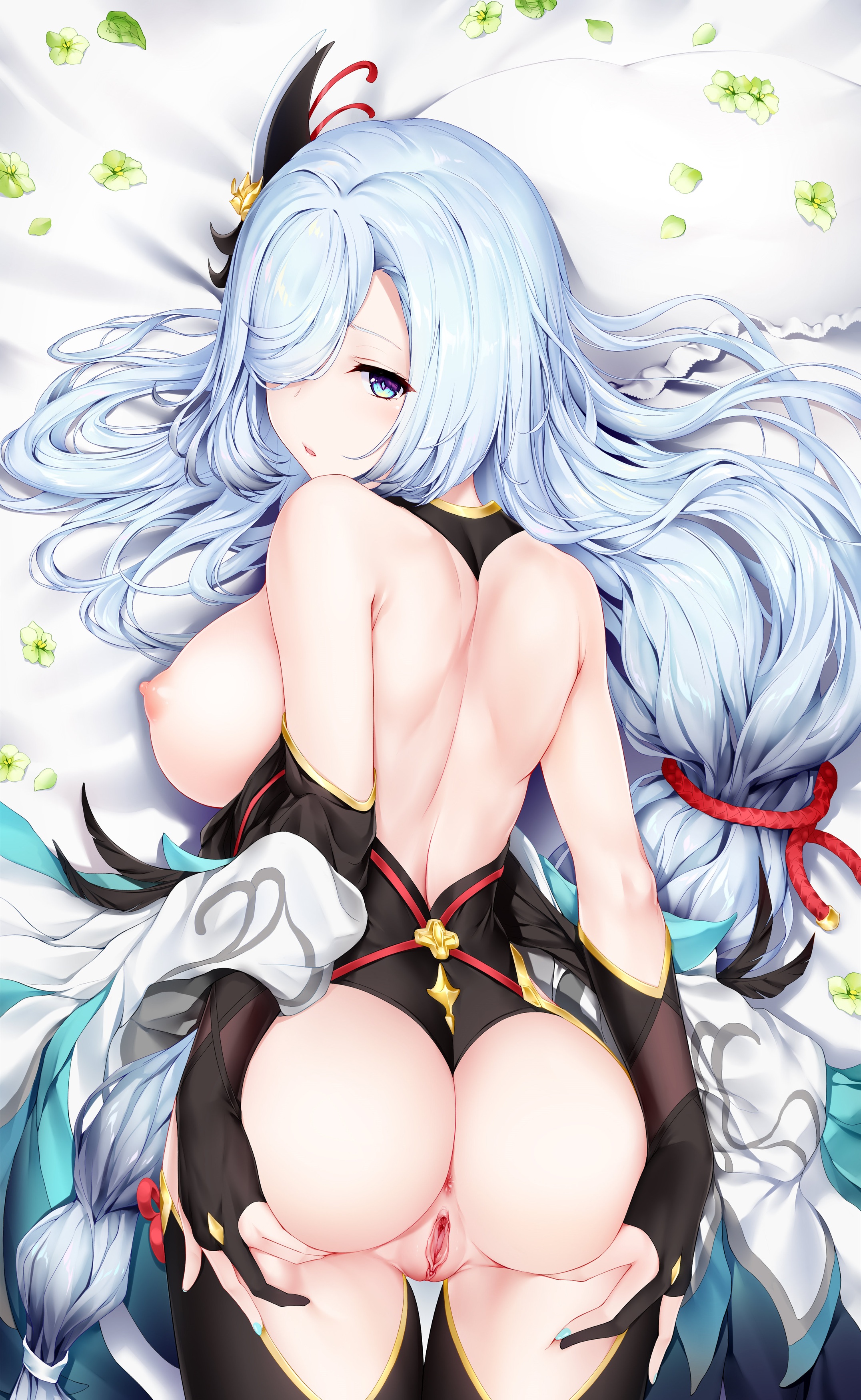 ass, breasts, female, genshin impact, looking at viewer, nipples, pussy, shenhe (genshin impact), shibanme tekikumo, tagme