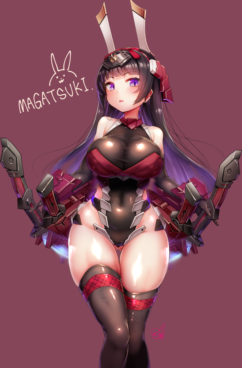 ass_visible_through_thighs bangs bare_shoulders black_gloves black_hair black_leotard blunt_bangs breasts brown_background brown_legwear character_name covered_navel doyouwantto elbow_gloves eyebrows_visible_through_hair female frame_arms_girl garters gloves gradient_hair headgear highleg highleg_leotard highres large_breasts leotard long_hair looking_at_viewer magatsuki multicolored_hair parted_lips purple_eyes purple_hair shiny shiny_clothes shiny_hair shiny_skin sidelocks signature simple_background skin_tight solo standing taut_leotard thigh_gap thighhighs weapon