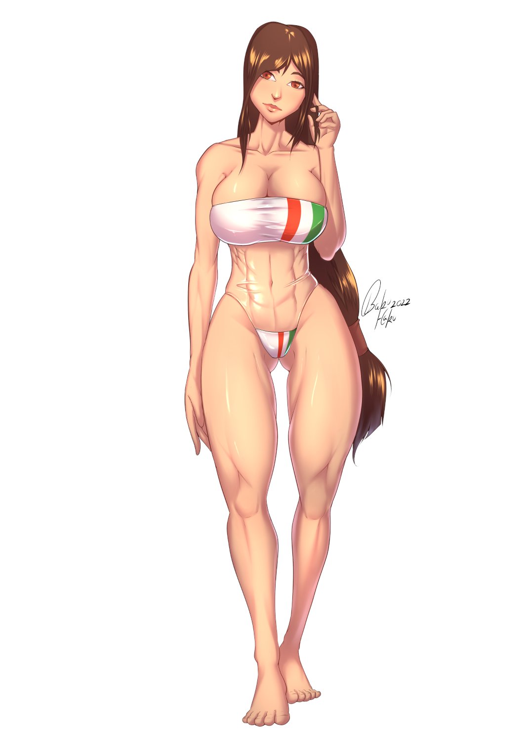 1girls, abs, bakuhaku, breasts, clothed, clothed female, female, female only, final fantasy, final fantasy vii, gris swimsuit, italian flag, italian senate hack, looking at viewer, meme, midriff, non-nude, solo, square enix, standing, tagme, tifa lockhart