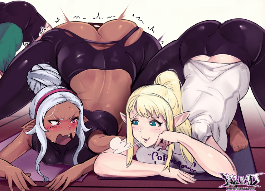 2girls ass big_ass big_breasts blonde_hair blue_eyes blush breasts curvy dark-skinned_female dark_elf dark_skin duo duo_focus elf elf-san_wa_yaserarenai elf_ears elf_female elfuda female female_focus female_only grey_hair humanoid jack-o_pose kuroeda large_ass long_hair multiple_girls pale-skinned_female pale_skin plump pointy_ears r-e-l-o-a-d red_eyes reloadhb ripped_clothing ripped_pants short_hair signature smug stretching thick_thighs voluptuous watermark white_hair wide_hips yoga yoga_pants