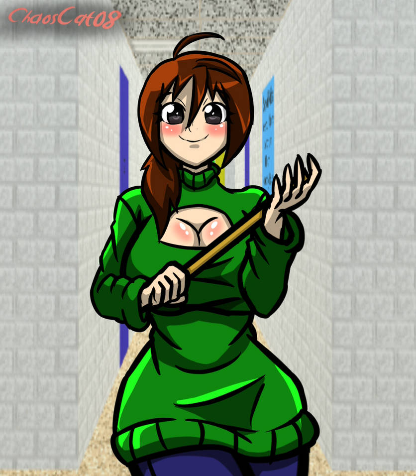 baldi baldi's_basics_in_education_and_learning blush boob_window breasts brown_hair chaoscat08 cleavage clothing female_only rule_63 ruler smile