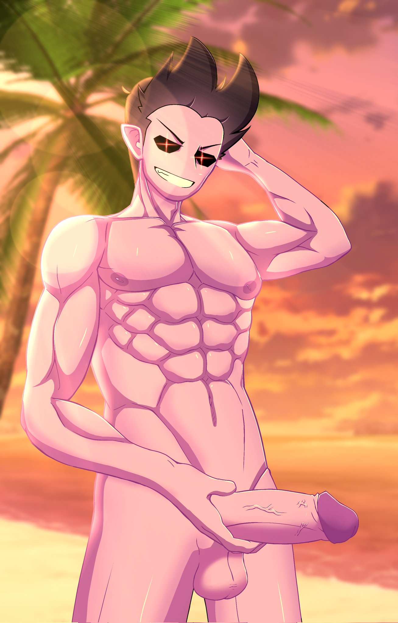 1boy background bara beach beach_brother_(squizzle_dizzle) black_hair demon erection fnf_mods friday_night_funkin friday_night_funkin_mod grin male_only masturbation muscular_male naked penis purple_skin short_hair zeta_ka