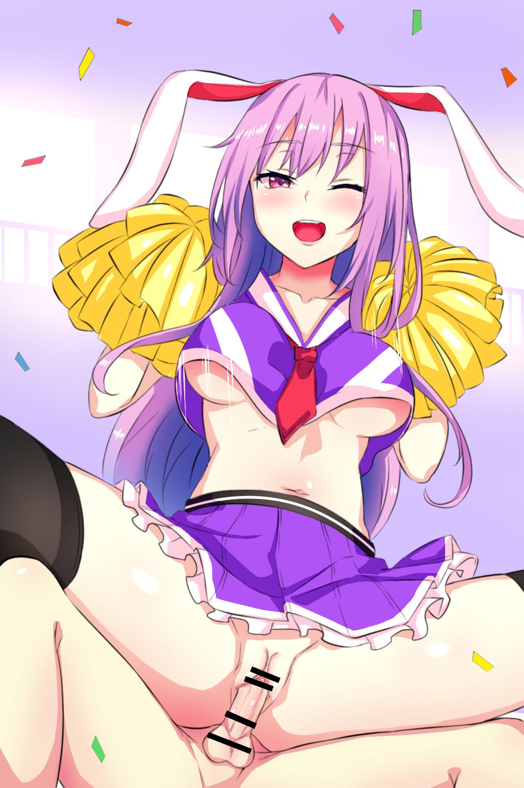 1boy ;d alternate_costume animal_ears bangs bar_censor black_legwear blush bouncing_breasts breasts censored cheerleader collarbone confetti female frilled_skirt frills highres light_purple_hair long_hair looking_at_viewer m_legs medium_breasts motion_lines navel no_bra one_eye_closed open_mouth penis pleated_skirt purple_skirt rabbit_ears red_eyes reisen_udongein_inaba reverse_cowgirl_position sex sidelocks skirt smile stomach straddling straight teeth testicles thighhighs thighs tongue touhou underboob upper_teeth vaginal_penetration xialuluo_(sharuro)