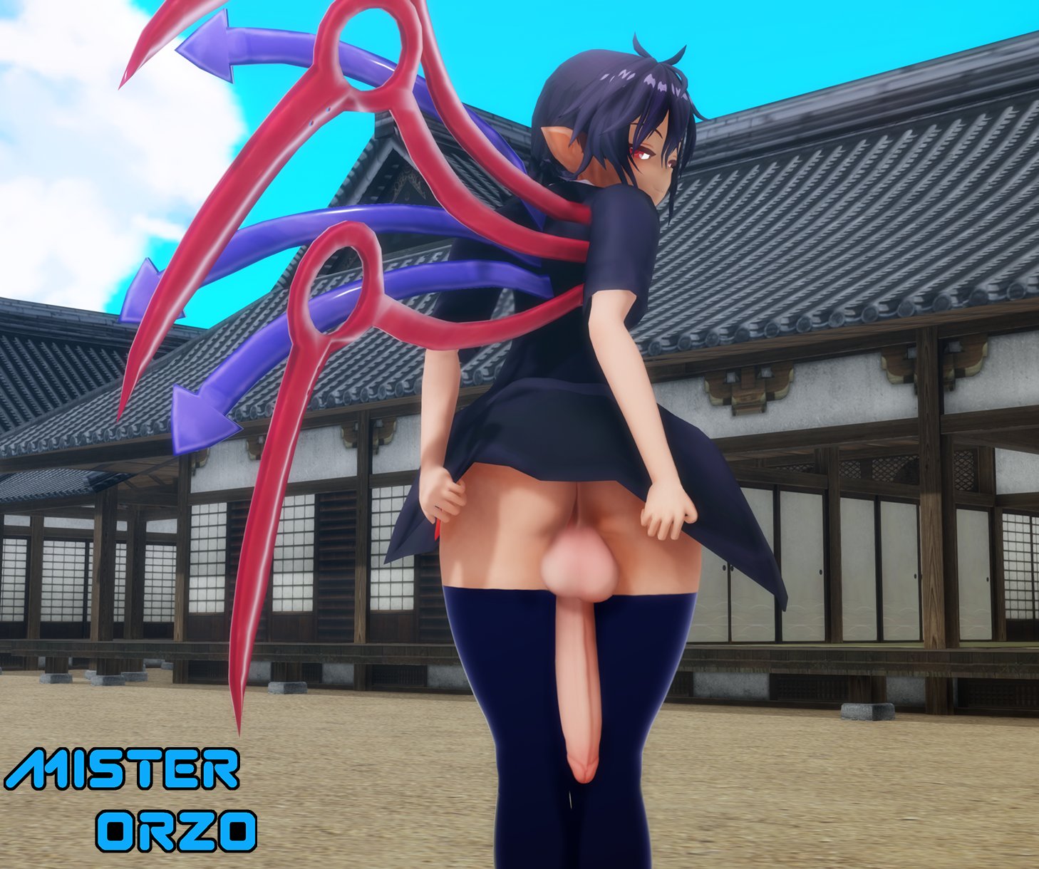 1futa, 3d, ass, back, back view, balls, big balls, big penis, black hair, black legwear, clothed, clothing, cock-tail, erection, futa only, futanari, humanoid, humanoid penis, intersex, light skin, light-skinned futa, looking back, misterorzo, mostly clothed, nue houjuu, pale skin, penis, penis tuck, pointy ears, short hair, solo, solo futa, standing, thighhighs, touhou, wings