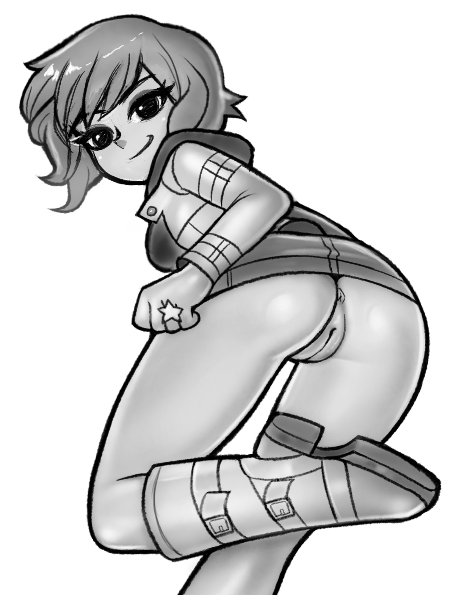 1girls, anus, ass, back view, boots, female, female only, highres, innie pussy, loodncrood, looking at viewer, no panties, pussy, ramona flowers, scott pilgrim, smile, solo, solo female, vagina, white background