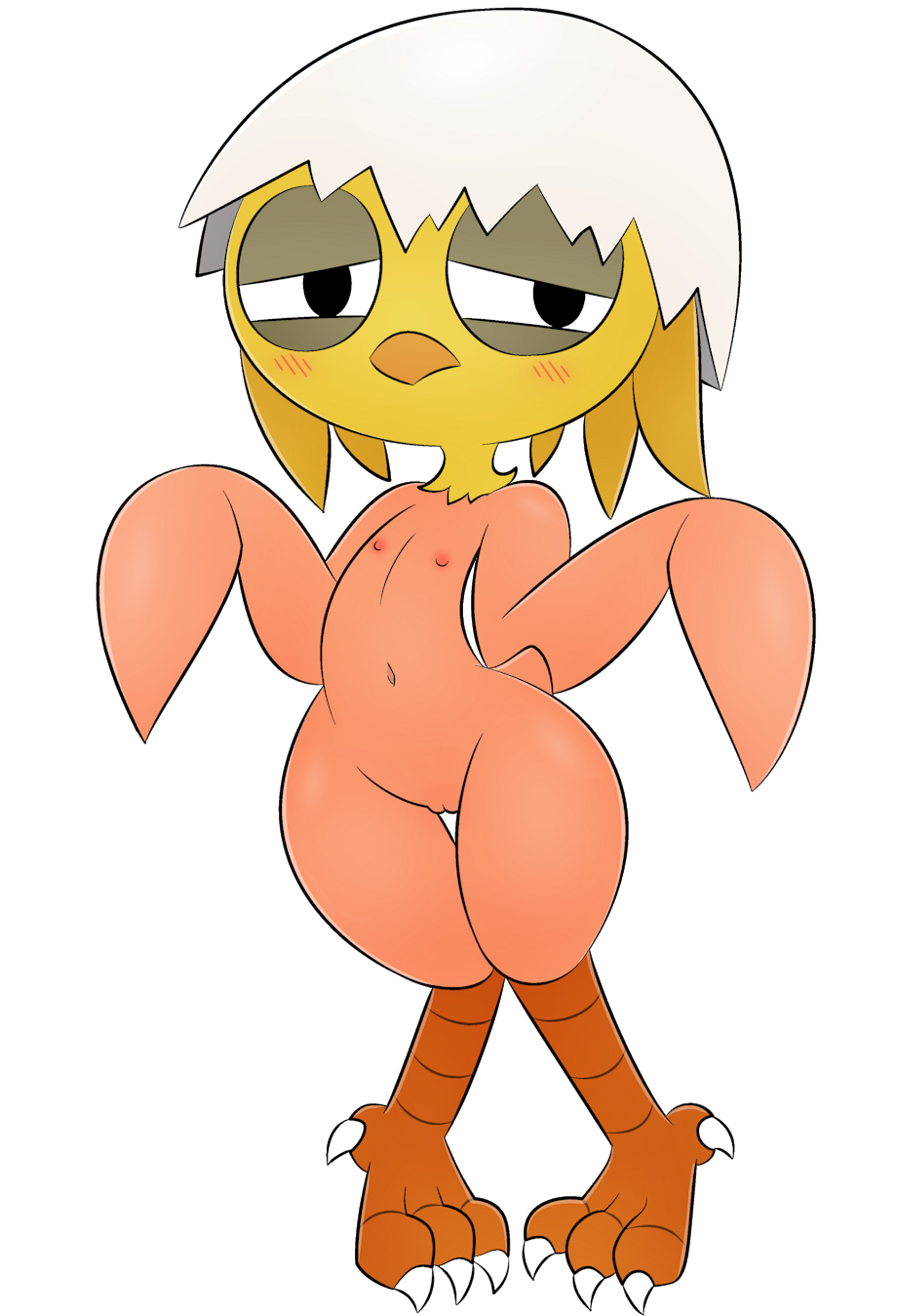 adorable anthro beak belly bird blushing chick chicken egg_shell feathers female furry navel nervous nipples nude oc pussy shirt_up shy simple_background solo thighs yoka zinzoa