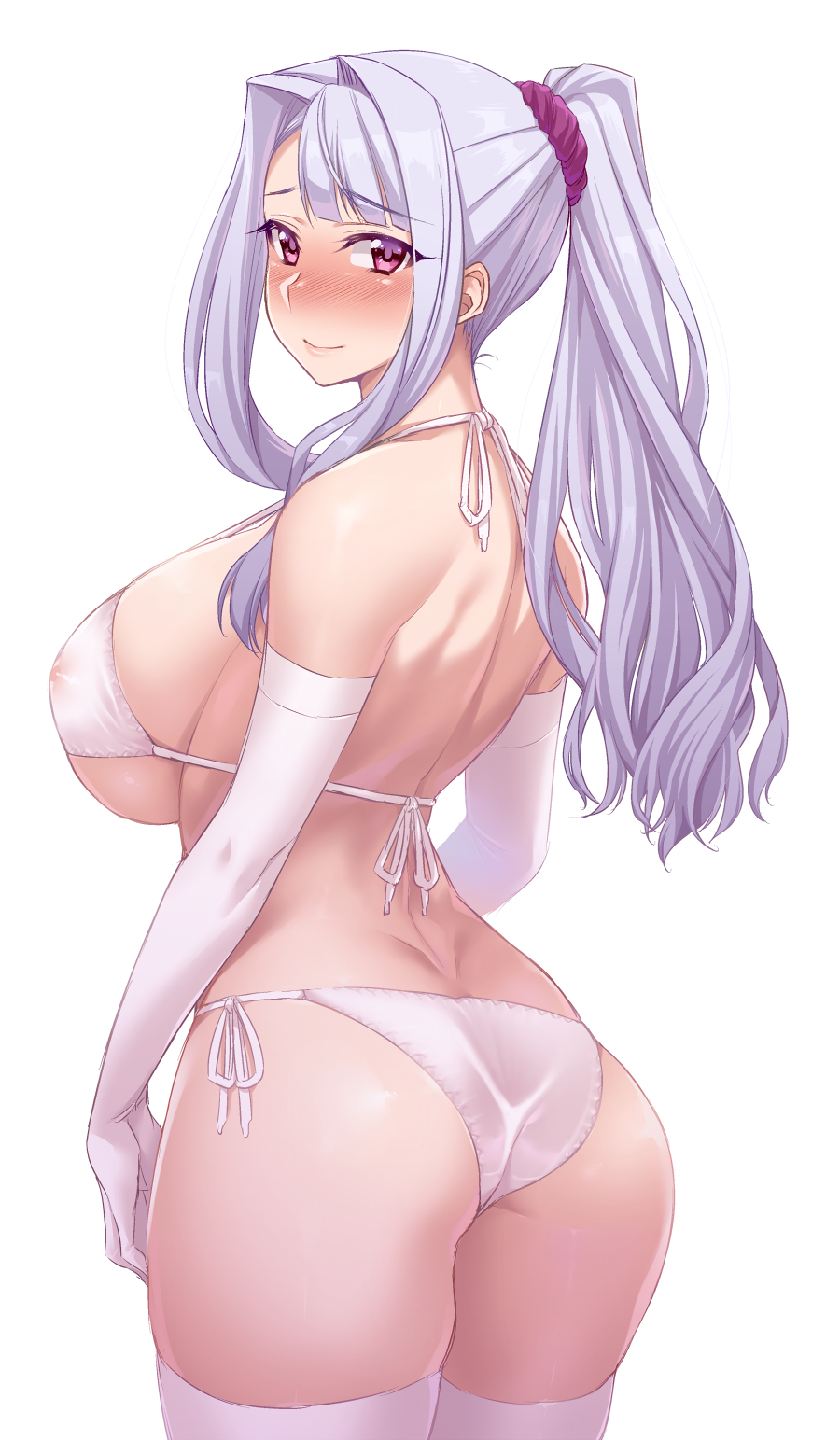 1girls 2022 alternate_version_available ass bare_shoulders big_breasts bikini blush breasts cleavage female female_only gloves idolmaster large_breasts long_gloves looking_at_viewer looking_back namidame nipple_bulge nipples_visible_through_clothing png ponytail purple_eyes shijou_takane smile solo solo_female thighhighs transparent_background white_hair