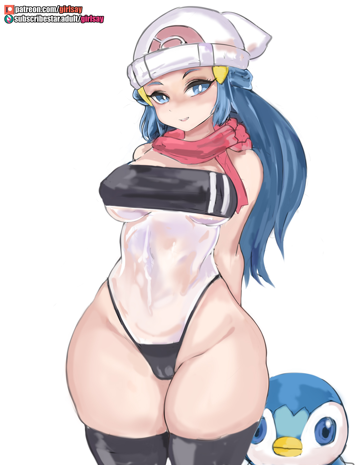 1girls, breasts, dawn (pokemon), eye contact, female, female focus, girlsay, gris swimsuit, hat, looking at viewer, nintendo, piplup, pokemon, pokemon (species), pokemon dppt, scarf, smile, solo focus, standing, swimsuit, thick thighs, thigh gap, thighhighs, thighs, white background, wide hips
