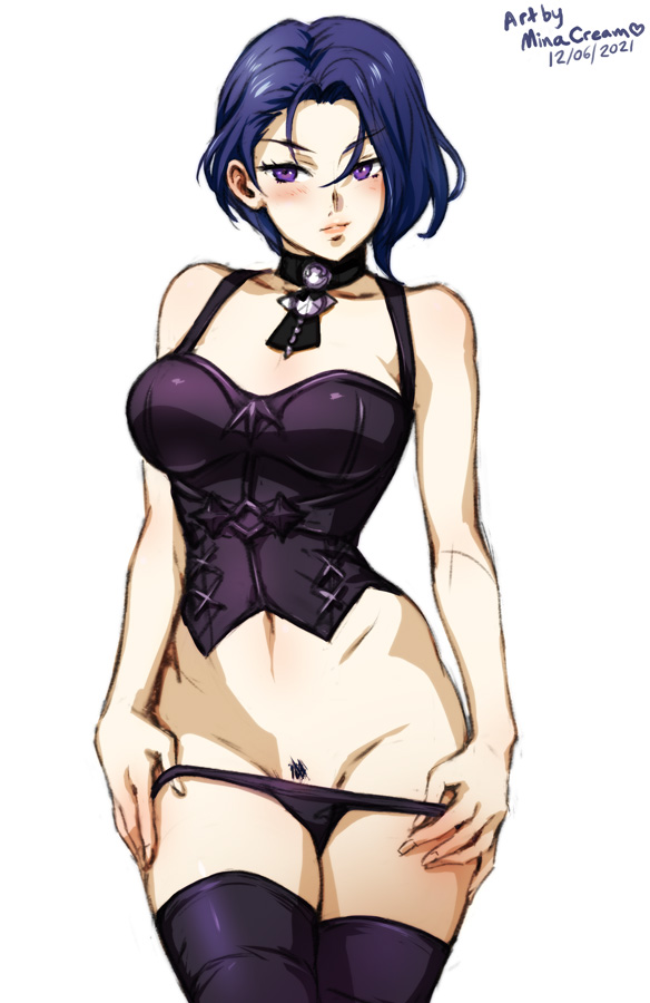 1girls, artist name, bangs, bare midriff, bare shoulders, bare thighs, belt, black panties, blue hair, bodice, breasts, choker, cleavage, collarbone, corset, curvy, dated, female, female only, female pubic hair, fire emblem, fire emblem: three houses, hair behind ear, hair between eyes, hand on hip, large breasts, looking at viewer, medium breasts, midriff, minacream, navel, nintendo, panties, pants, panty pull, partially undressed, pubic hair, pulled by self, purple eyes, shamir nevrand, short hair, simple background, smile, solo, stomach, thighhighs, thighs, underwear, white background