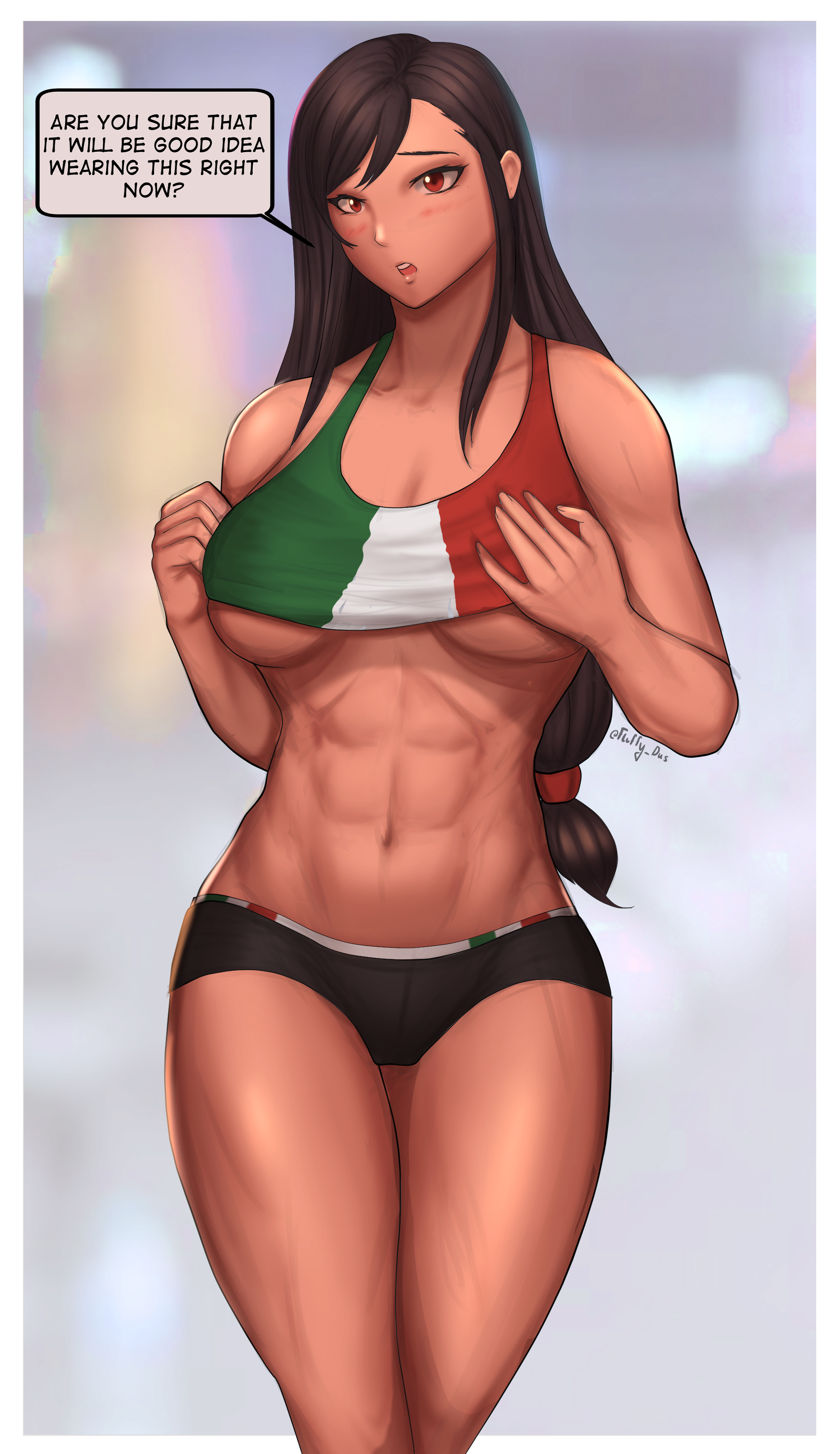 abs, athletic, athletic female, bare legs, bare midriff, big breasts, breasts, brown eyes, brown hair, busty, crop top, female, female focus, female only, final fantasy, final fantasy vii, fluffydus, hourglass figure, italian flag, italian senate hack, long hair, meme, navel, speech bubble, sports bra, sports bra lift, sportswear, standing, tifa lockhart, underboob, wide hips