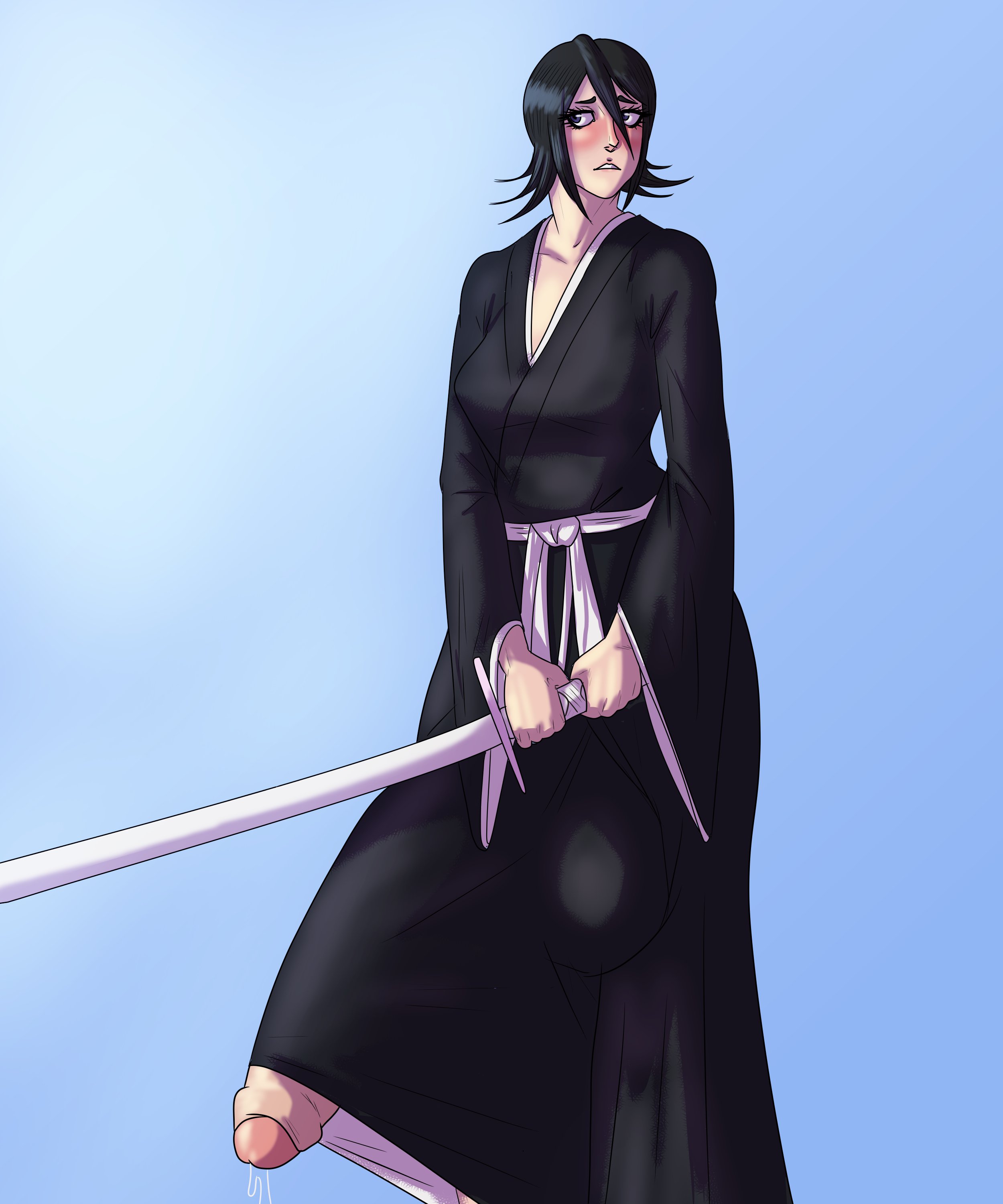 1futa, bleach, breasts, clothed, clothing, erection, foreskin, froeedo, futa only, futanari, gigantic penis, hiding erection, human, hyper penis, intersex, kuchiki rukia, light skin, light-skinned futa, mostly clothed, pale skin, partially retracted foreskin, penis, precum, retracted foreskin, solo, standing, uncircumcised, uncut