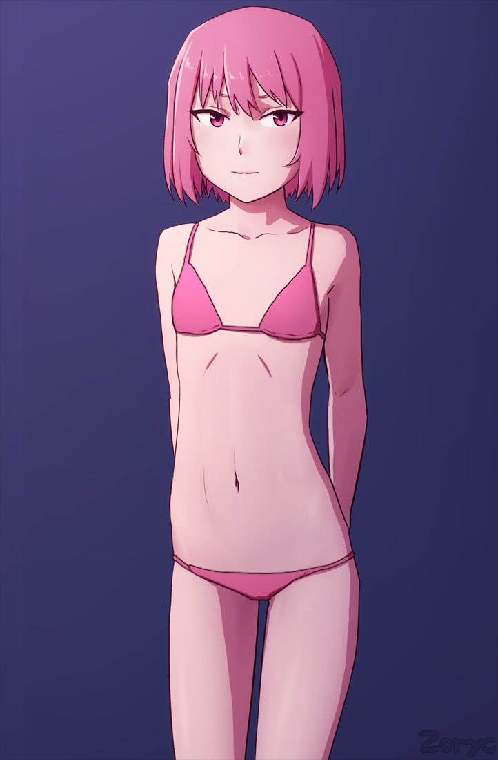 1girls bangs belly_button bra hands_behind_back panties petite pink_bra pink_eyes pink_hair pink_panties short_hair small_breasts solo thigh_gap watermark zoryc