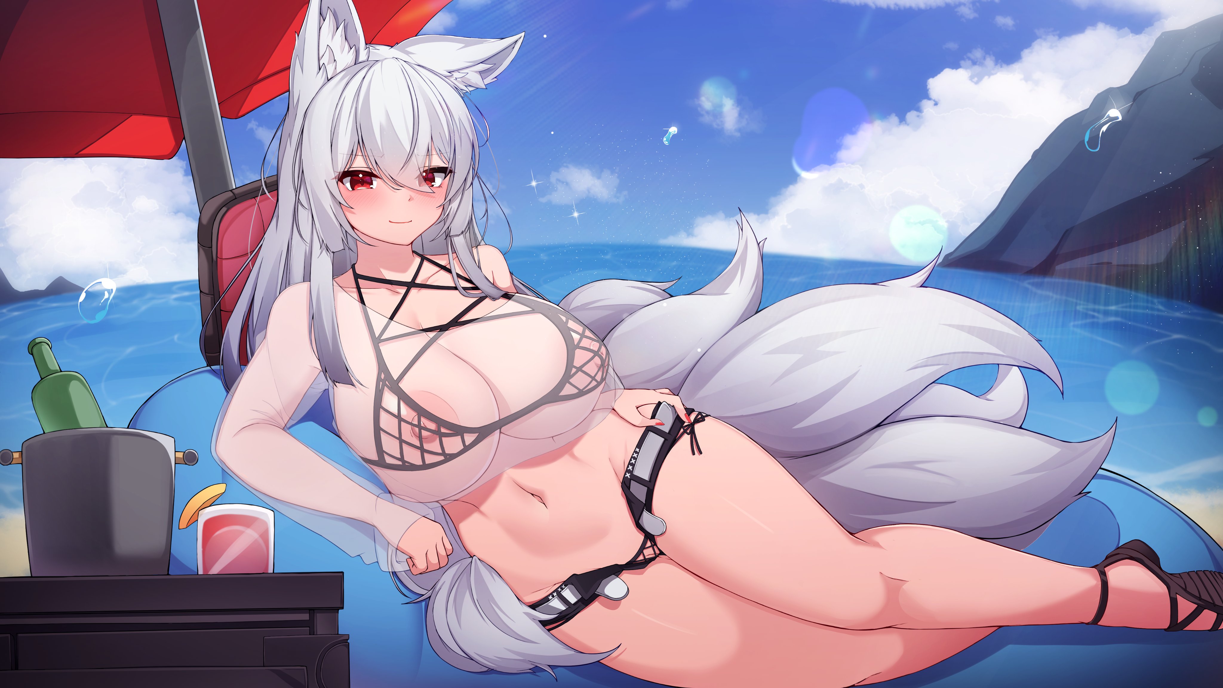 1girls, 5danny1206, absurd res, areolae, beach, beach chair, breasts, female, fishnet shirt, fluffy, fluffy ears, fluffy tail, fox, fox ears, fox girl, fox tail, functionally nude, hand on hip, huge breasts, large breasts, light skin, light-skinned female, lying on side, nipples, pussy, red eyes, sand, sandals, solo, solo female, solo focus, thick thighs, transparent clothing, vrchat, water, white hair, wide hips