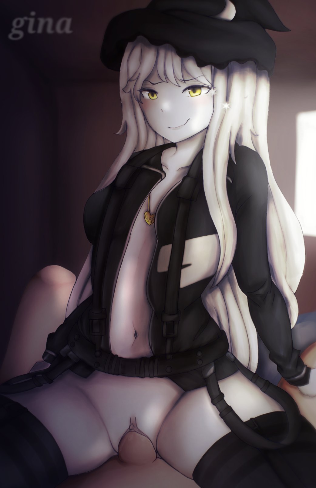 1boy, 1girls, artist signature, clothed sex, commission, cowgirl, female, gina99s, male, roblox, roblox avatar, smirk, tagme, white hair, witch hat, yellow eyes