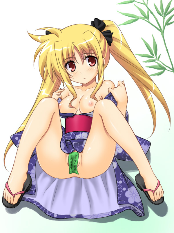 breasts fate_testarossa feet hair_ribbon japanese_clothes kimono long_hair lyrical_nanoha maebari mahou_shoujo_lyrical_nanoha mahou_shoujo_lyrical_nanoha_a's masakichi_(crossroad) ofuda ofuda_on_pussy ribbon sandals tanabata tanzaku tied_hair toes twintails yukata zouri