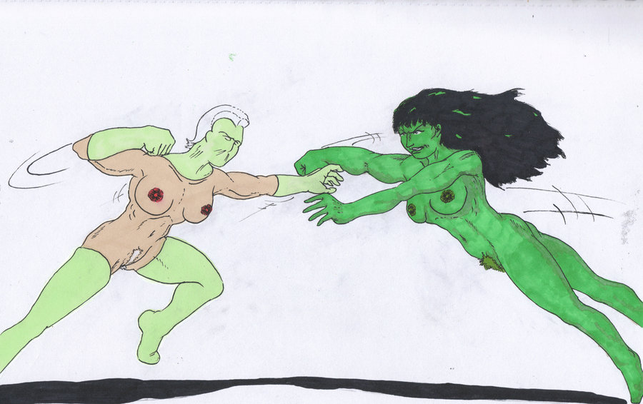 2girls ben1804 big_breasts breasts catfight elbow_gloves female female_only gloves green-skinned_female green_hair green_skin hairy_pussy hulk_(series) light-skinned_female marvel marvel_comics masked_female multiple_girls naked_female nipples nude_female pubic_hair she-hulk thigh_boots