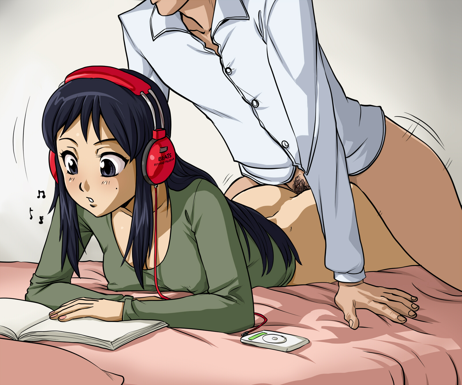 1boy, 1girls, ambiguous penetration, ass, black hair, blue eyes, bottomless, cleavage, eyeless male, female, from behind, headphones, human, human only, k-on!, long hair, male, mio akiyama (k-on!), mole, no panties, on stomach, prone bone, reading, reading book, sex, spidu, straight