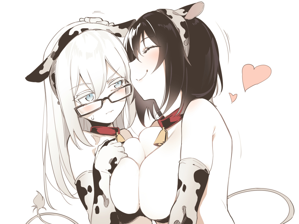 2girls ^_^ animal_ears animal_print asutora asutora-chan bell black-framed_eyewear black_hair blue_eyes blush breast_press breasts closed_eyes closed_mouth collar commentary_request cow_ears cow_print cow_tail eyebrows_visible_through_hair eyes_closed fake_animal_ears female hair_between_eyes heart large_breasts medium_breasts multiple_girls neck_bell nude original red_collar short_hair simple_background smile symmetrical_docking tail upper_body white_background