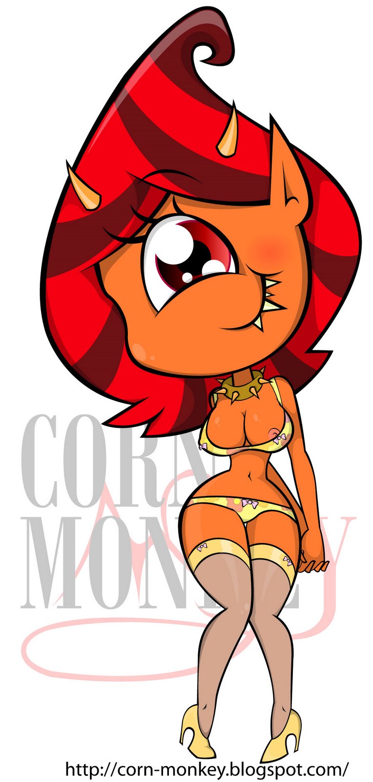 big_breasts breasts corn_monkey cyclops eyelashes female female_only front_view horns huge_eyes huge_head jimmy_two-shoes monster monster_girl orange_skin pointy_ears red_hair saffi solo standing tagme toony two_tone_hair