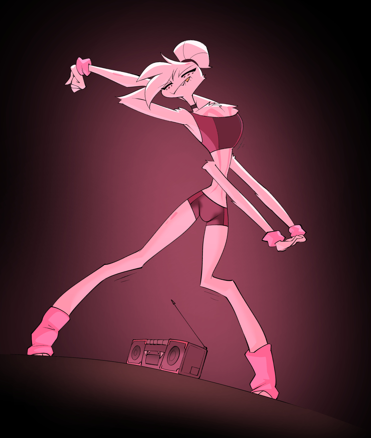 1boy, angel dust (hazbin hotel), animal humanoid, anthro, arachnid, arachnid humanoid, arthropod, arthropod humanoid, bigdad, boombox, clothing, dancing, demon, exercise, femboy, furry, girly, hair bun, hazbin hotel, hi res, humanoid, male, solo, solo male, spider humanoid, stretching, workout, workout clothes