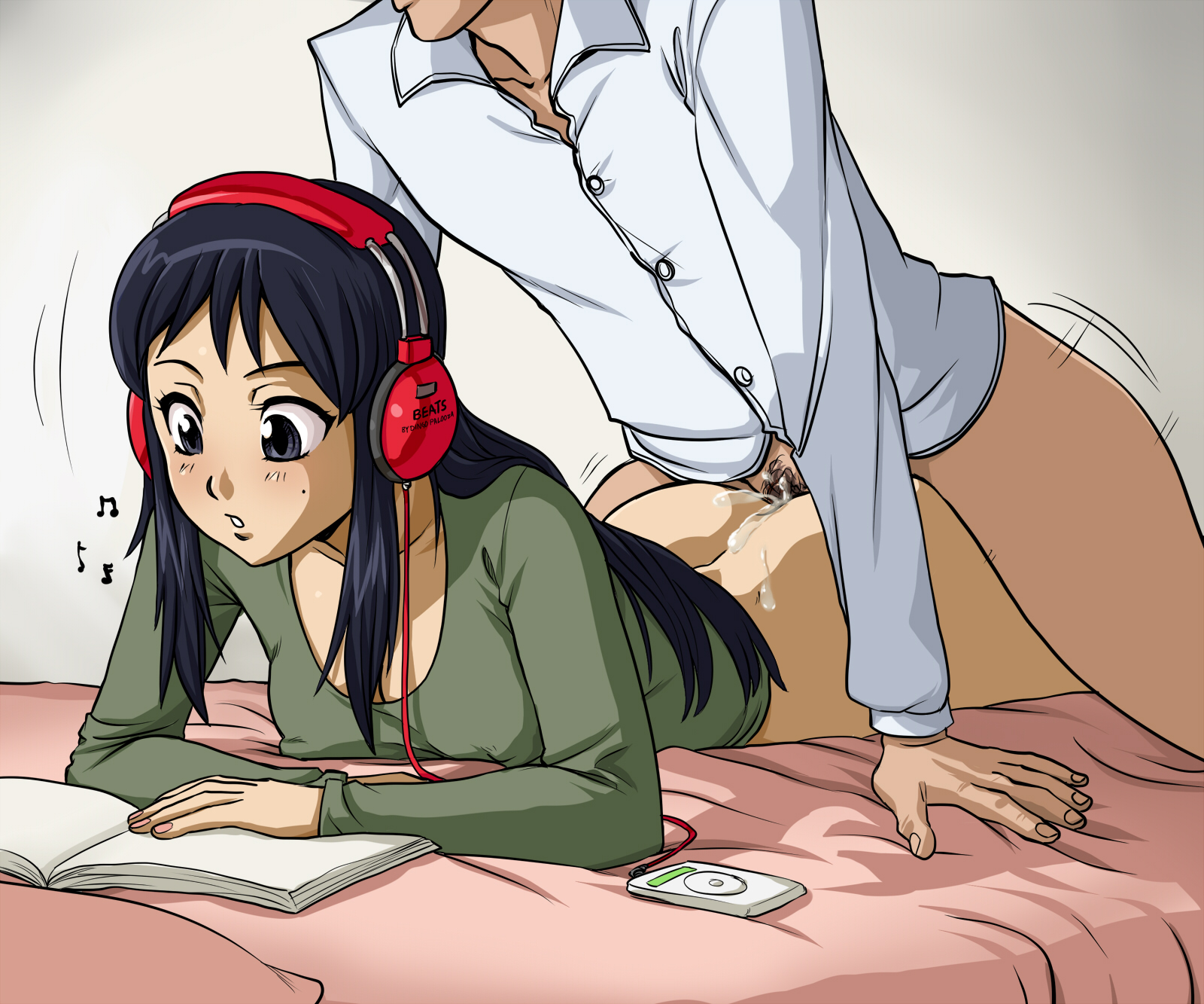 1boy, 1girls, ass, black hair, bottomless, casual, casual sex, cleavage, cum, emotionless, emotionless sex, eyeless male, female, from behind, headphones, human, human only, indifferent, k-on!, long hair, male, mio akiyama (k-on!), mole, multitasking, no panties, on stomach, prone bone, sex, spidu, straight