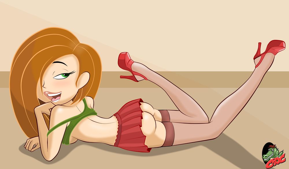 1girls, breasts, croc (artist), disney, female, female only, hair over one eye, high heels, human, kim possible, kimberly ann possible, lying on stomach, medium breasts, miniskirt, open mouth, shirt pulled up, short skirt, solo, stockings, the pose, thighhighs, underboob, voluptuous