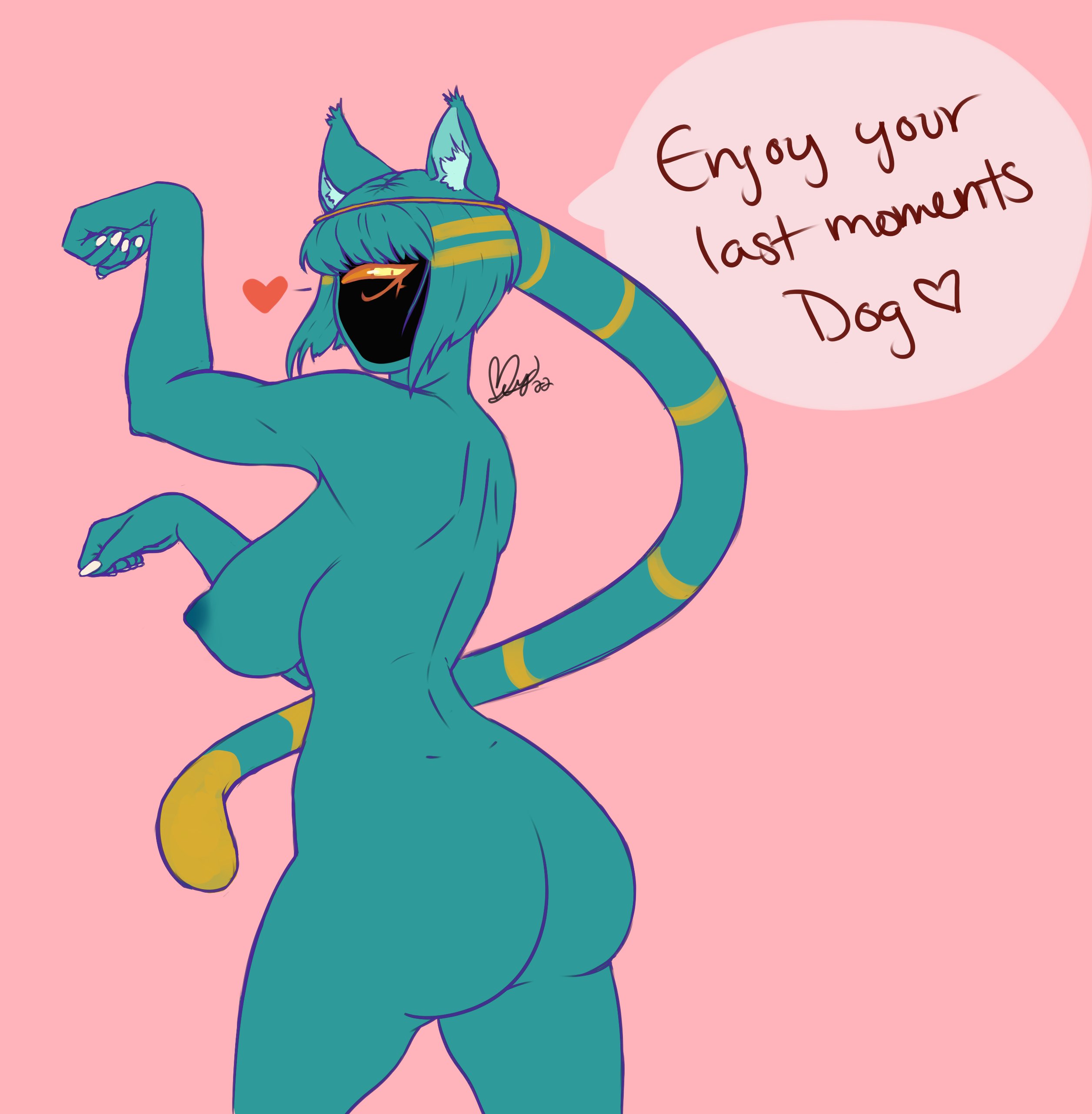 1girls, 2d, ass, auntie nyan nyan, back view, blue skin, blue-skinned female, boobs, breasts, cat ears, cat girl, cat humanoid, cat tail, catgirl, cthulhu mythos, egyptian, eldritch abomination, eldritch horror, eldritch humanoid, english, english dialogue, english text, felid, felid humanoid, feline, feline humanoid, female, h.p. lovecraft, milf, nipples, nude, nyanlathotep, pbsghost, speech bubble, sucker for love, tail, teal hair