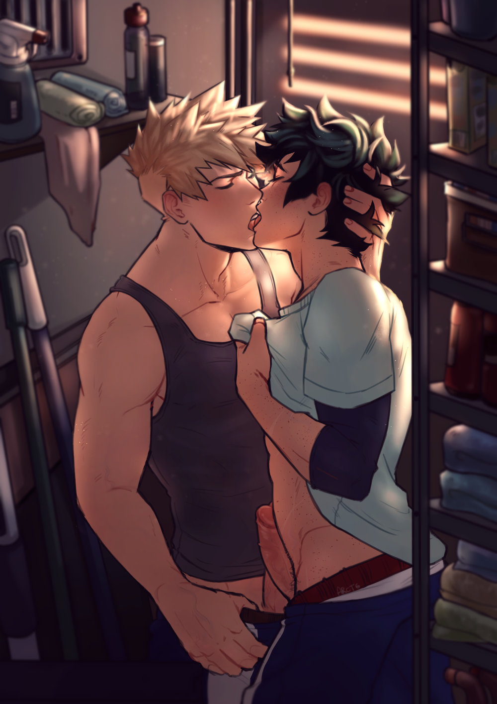 2boys abs air_vent blonde_hair blush cleaning_tool closed_eyes closet clothed erection freckles frottage gay grabbing green_hair head_grab izuku_midoriya katsuki_bakugou kissing making_out male/male male_only my_hero_academia penis penis_out shirt_lift short_hair spacenipnops spiky_hair tank_top toned toned_male yaoi