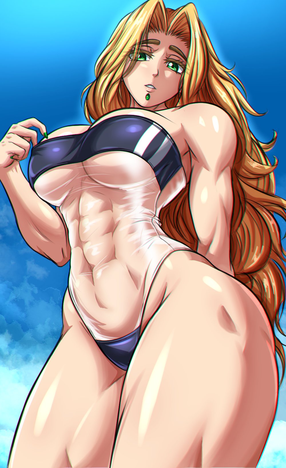 abs arm_behind_back athletic athletic_female big_breasts blonde_hair breasts competition_swimsuit curvy fate_(series) female female_focus female_only green_eyes gris_swimsuit long_hair looking_at_viewer looking_down muscular muscular_female one-piece_swimsuit pussy_focus quetzalcoatl_(fate) seducing seductive see-through_swimsuit solo solo_female solo_focus summer swimsuit tagme thick_legs thick_thighs thighs toned toned_body toned_female wet wet_panties zantyarz