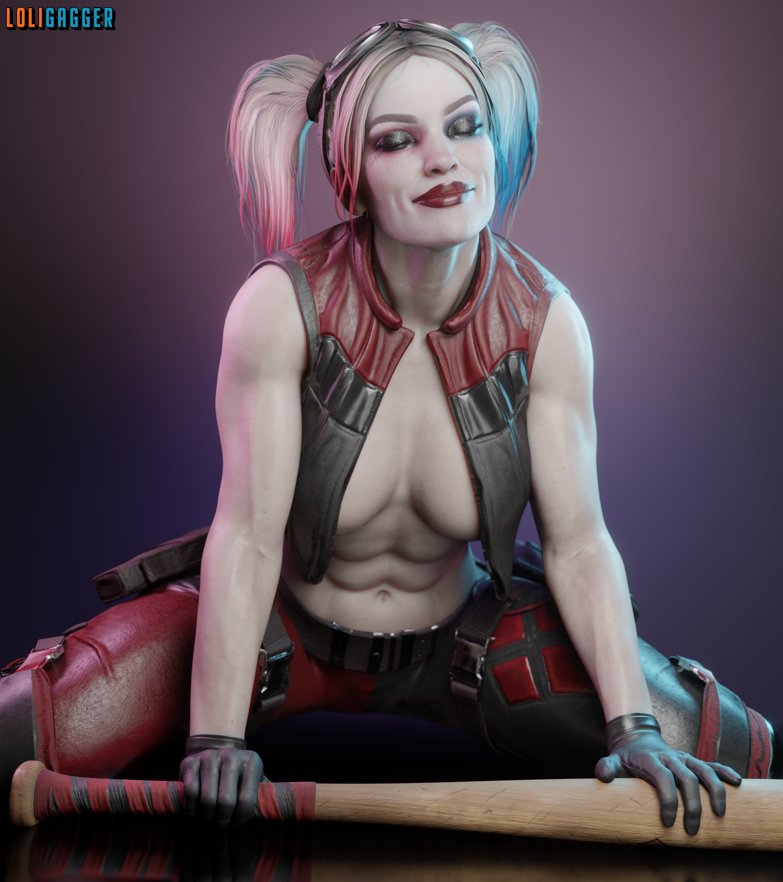 1girls, 3d, abs, bare shoulders, baseball bat, batman (series), big breasts, black gloves, breasts, closed eyes, clothing, dc, dc comics, female, female only, fully clothed, gloves, harley quinn, harley quinn (injustice), injustice 2, inner sideboob, leather gloves, light skin, light-skinned female, loligagger, muscular, muscular female, pale skin, pale-skinned female, sleeveless, solo, thick thighs, twintails